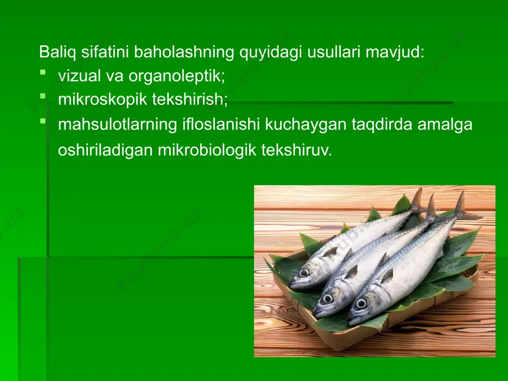 agi bakteriyalarga ruxsat berilmagan mahsulotning og'irligi (g). koliform staphylococcus aureus patogen, shu jumladan salmonella* yangi, sovutilgan, muzlatilgan baliq 5-10 4 0,001 0,01 25 dengiz umurtqasizlari 1-10 5 0,001 0,01 25 baliqlarning ikrai 1-10 4 1.0 — — namuna tanlash o'rganilgan baliqlar va dengiz baliqchilikning baliq bo'lmagan turlarining yirik namunalari 3 donadan ko'p bo'lmagan miqdorda tanlanadi. har bir namunadan teri va mushaklari bo'lgan bo'laklar ichaklarga tegmasdan bir necha joydan kesiladi (paragemolitik vibrionlar mavjudligini aniqlash uchun namuna olishdan tashqari), maydoni taxminan 4 sm2, qalinligi 4- 5 mm. bu qismlar tortilgan stakanga joylashtiriladi; yana torting va og'irliklar farqiga qarab, olingan namunaning massasini aniqlang. namuna 1:10 nisbatda yakuniy suyultirish uchun maydalanadi va steril suyuqlik bilan to'ldiriladi. mafanm sonini aniqlash keyinchalik suyultirish uchun 1 ml suyultirilgan probirkaga 9 ml steril eritma solinadi.natijada tekshiriluvchi mahsulot 10, 100 yoki undan ortiq marta suyultirilgan bo‘lib chiqadi. emlash quyidagi usul bo'yicha amalga oshiriladi: oxirgi ikki suyultirilgandan 1 ml suyultirilgan …