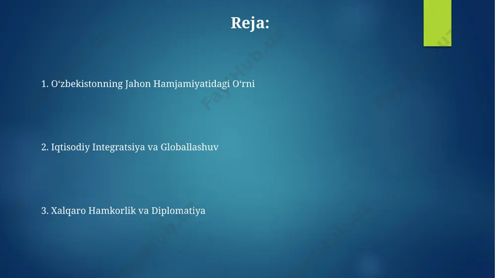 oʻlib, mintaqadagi xavfsizlik va barqarorlik uchun strategik ahamiyat kasb etadi, transchegaraviy muammolarni hal qilishda muhim rol oʻynaydi. oʻzbekistonning “yangi ipak yoʻli” tashabbusi doirasida markaziy osiyo va janubiy osiyo oʻrtasidagi transport va logistika yoʻnalishlarida markaziy oʻrni mintaqaning iqtisodiy rivojlanishiga sezilarli taʼsir koʻrsatadi. davlatlararo munosabatlar va kelajakdagi istiqbollar markaziy osiyoda mintaqaviy hamkorlikni mustahkamlashda o'zbekistonning faol ishtiroki 2030 yilgacha barqaror taraqqiyot maqsadlariga erishishda muhim omil hisoblanadi. “yashil” iqtisodiyotga o'tish bo'yicha xalqaro hamkorlik o'zbekistonning iqtisodiy rivojlanishi va ekologik barqarorlikka erishishida muhim rol o'ynaydi. madaniy almashinuv va turizm oʻzbekistonning madaniy turizm sektoriga 2023-yilda 1,5 milliard aqsh dollaridan ortiq investitsiyalar jalb etilishi prognoz qilinmoqda, bu esa yangi infratuzilma va ish oʻrinlarini yaratishga olib keladi. oʻzbekistonda 200 dan ortiq tarixiy yodgorlik va muzey mavjud boʻlib, ularning 30 foizidan koʻprogʻi jahon merosi roʻyxatiga kiritilgan yoki kiritilish uchun nomzod sifatida koʻrib chiqilmoqda. e'tiboringiz uchun rahmat @taqdimot_robot image6.jpg image7.jpg image8.jpg image9.jpg image10.jpg image11.jpg image12.jpg image2.png image3.png image4.png image5.png