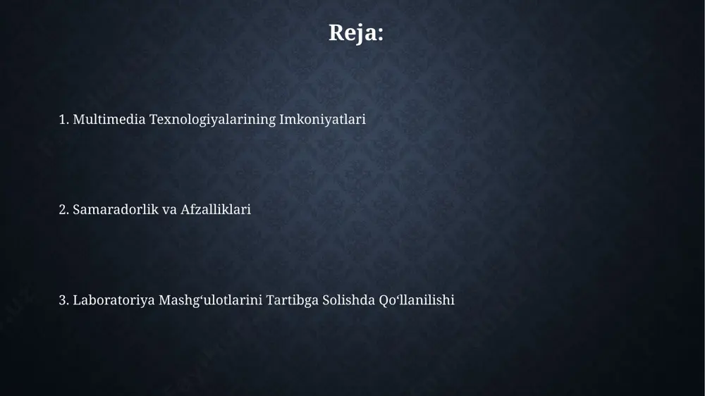 hi va turli xil parametrlarni o'zgartirib, natijalarni real vaqtda kuzatishlari mumkin. multimedia ilovalari tajriba natijalarini 3d modellashtirish orqali vizual ravishda taqdim etish imkoniyatini beradi, bu esa talabalarga murakkab tushunchalarni 20% tezroq o'zlashtirishga yordam beradi. tajriba o'tkazishni rejalashtirish tajriba jarayonini 3 bosqichga bo'ling: tayyorgarlik, o'lchovlar va ma'lumotlarni tahlil qilish. har bir bosqich uchun video yoki animatsion ko'rsatmalar yarating. tajriba o'tkazishdan avval, zarur bo'lgan jihozlar ro'yxatini tuzing (kamida 5 ta asbob) va har birining texnik xususiyatlarini multimedia taqdimotda ko'rsating. xavfsizlik va xatoliklarni kamaytirish multimedia qo'llanmalar yordamida laboratoriya ishlarida xavfsizlik ko'rsatmalarini 3d modellashtirish orqali namoyish qilish, talabalar tomonidan 20% ga xatoliklarni kamaytiradi. virtual laboratoriya muhiti 80% ga yaqin vaqtni tejashga yordam beradi, shuningdek, xavfsizlik qoidalarini buzish holatlarining 30% kamayishiga olib keladi. ma'lumotlarni yig'ish va tahlil qilish o'lchov xatolarini hisobga olish va statistik tahlil (masalan, o'rtacha qiymati, standart og'ish va dispersiya hisobi) uchun maxsus dasturlar yordamida 5-10 daqiqada aniq natijalar olish mumkin. video va …