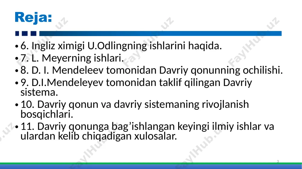 ingliz ximigi j.nyulends klassifikatsiyasi (1864) 1864 yil ingliz ximigi j.nyulends, elementlarni ekvivalent og’irliklari bo’yicha oshib borishiga qarab joylashtirdi. 7 elementni bir gruppaga joylashtirib 8-element xossalari bir-biriga o’xshash bo’ladi deydi (oktav qoidasi). u birinchi bulib 8- elementda xossalar qaytarilishini aniqladi. 15 nyulendsning "oktava" qoidasi bu dastlabki guruhlardagi 17 ta elementga taalluqli bo’lib qolgani uchun uncha ahamiyatga olinmadi. . 16 ingliz ximigi u.odlingning ishlari (1857-1868) 1857-1868 yillarda ingliz ximigi u.odling elementlar atom massalari oshishiga qarab bir qancha jadval yaratdi. bularda xossalari ham o’xshash bo’ladi deydi, lekin asosan arifmetikaga ahamiyat berdi. 1857 yilda 49 elementni 9 gruppaga ajratadi. 1861 yilda kimyoviy yaqin bo’lgan elementlarni triada, tetraada va pentaadalarga ajratib gruppalar tuzdi. bu guruhlarga vodorod, bor va qalay kirmay qoldi. 1868 yilda 52 ta aniq bo’lgan elementdan 45 tasini gruppalarga atom og’irliklari oshib borishini hisobga olib joylashtirgan eng axamiyatli tablisa tuzildi. 17 18 l. meyerning ishlari (1864) 19 1857-1868 yillarda ingliz ximigi u.odling elementlar …