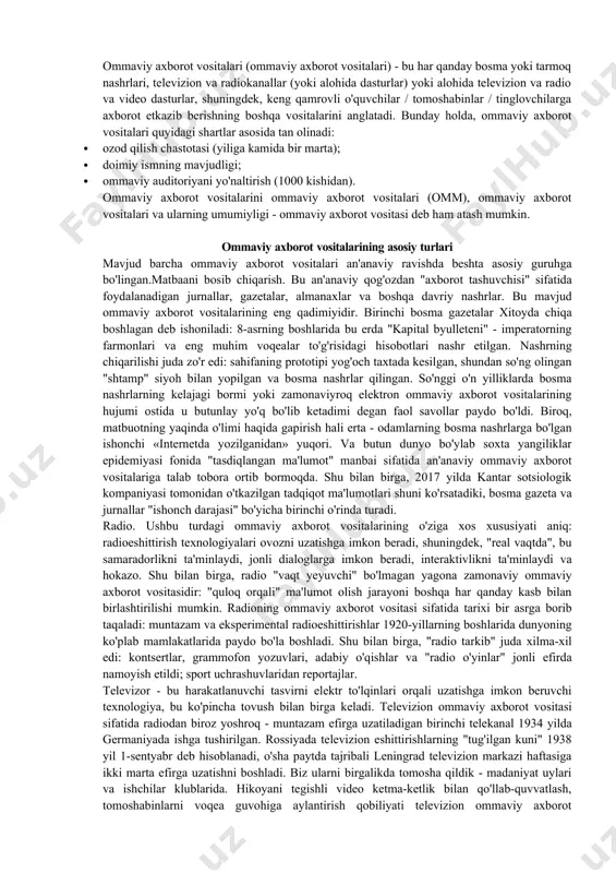 u sababli, matbuot aktsiyalar va chegirmali dasturlar haqidagi yangiliklar kabi dolzarb ma'lumotlarni kamdan-kam nashr etadi, ammo umuman kompaniyalar haqida umumiy ma'lumotlar joylashtiriladi. radio reklama... bu tez-tez ma'lum bir maqsadli auditoriya e'tiborini jalb qilish uchun ishlatiladi: avtoulovchilar, yoshlar, nafaqaxo'rlar va boshqalar. buning afzalligi ularning tovarlari va xizmatlarining beg'ubor taklifi, shuningdek aktsiyalar haqida ma'lumot. televizion reklama... televizionda reklama kampaniyasini o'tkazish yuqori xarajatlarga olib kelishi sababli, keraksiz xarajatlarning oldini olish maqsadida barcha maqsadli guruhning batafsil monitoringi amalga oshiriladi. internet-reklama. yoshidan qat'i nazar, tomoshabinlarning keng qamroviga ega va juda samarali ko'rinadi. ko'pincha, mijozlar yaxshi taklif haqida ma'lumotni tezda etkazish qobiliyatidan foydalanadilar. ko'pincha, bu afzallik o'zini ijtimoiy tarmoqlardagi reklama va bannerlarda namoyon qiladi. media funktsiyalari endi siz ommaviy axborot vositalarining barcha jihatlari to'g'risida tushunchaga ega bo'lishingiz bilan siz ularning maqsadi haqida bilmayapsiz. ushbu sohani yo'q qilishda, keling, ommaviy axborot vositalarining asosiy funktsiyalarini tushunaylik. ular: · axborot: mohiyati shundaki, maqsadli auditoriyani har xil turdagi voqealar va …