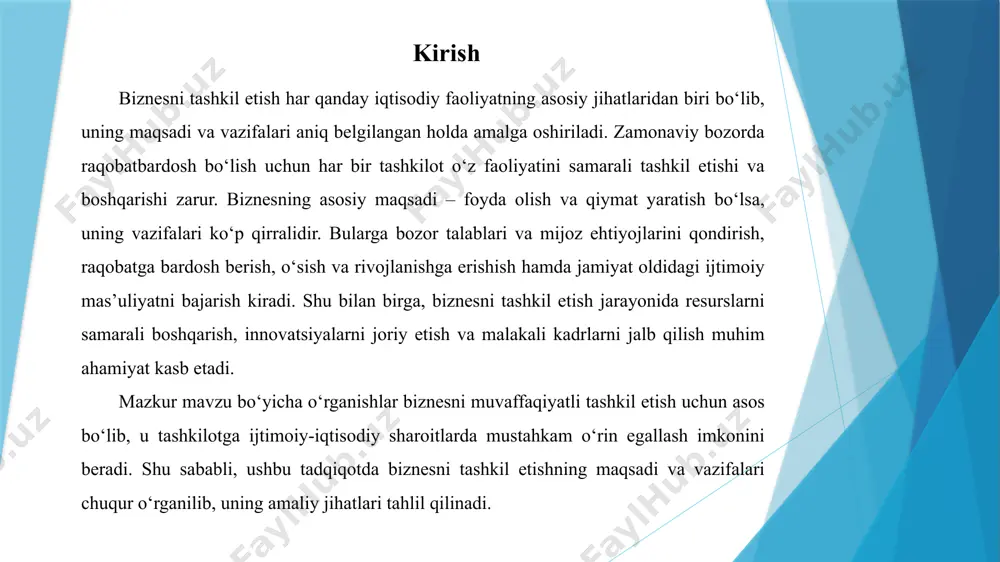 ularni daromadga aylantirish soliqlar va majburiyatlar soliqlarni o‘z vaqtida to‘lash va majburiyatlarni bajarish orqali biznesning barqarorligini ta’minlash resurslarni samarali boshqarish resurslar biznes uchun asosiy aktivlar hisoblanadi va ularni samarali boshqarish tashkilotning muvaffaqiyatiga katta ta’sir ko‘rsatadi. quyidagi jadvalda biznes resurslari va ularning boshqarilishi keltirilgan: resurs turlari tavsif inson resurslari xodimlar mahorati va tajribasidan samarali foydalanish orqali ish unumdorligini oshirish moliyaviy resurslar moliyaviy mablag‘larni to‘g‘ri yo‘naltirish va boshqarish texnologik resurslar texnologik uskunalarni yangilash va texnologiyalarni tatbiq etish orqali samaradorlikni oshirish ma’lumot resurslari ma’lumotlarni to‘g‘ri boshqarish va ulardan foydalanish orqali qaror qabul qilishni yaxshilash mijozlar ehtiyojini qondirish mijozlar ehtiyojini qondirish biznesning asosiy maqsadlaridan biridir. mijozlar bilan samarali aloqada bo‘lish va ularning ehtiyojlarini qondirish biznesning uzoq muddatli muvaffaqiyatiga xizmat qiladi. quyidagi jadvalda mijozlar ehtiyojlarini qondirish usullari keltirilgan: mijoz ehtiyojlarini qondirish usullari tavsif sifatli mahsulotlar yaratish yuqori sifatli mahsulotlar mijozlar ehtiyojlarini qondiradi va ularning ishonchini qozonadi mijozlarga xizmat ko‘rsatish sifatli xizmat ko‘rsatish mijozlarning sodiqligini oshiradi …