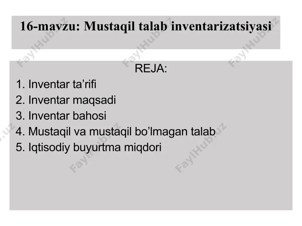 hi kutilayotgan bir necha holatlar mavjudligi uchun, firmalar zaxiralarni saqlashga olib keladi mavsumiy korxonalardagi firmalar ko'pincha ish bilan ta'minlash uchun talabni oldindan taxmin qilishadi inventar maqsadi 4. tranzitni ta'minlash ta'minot zanjirida bir nuqtadan ikkinchisiga o'tadigan zaxiralar tranzit zaxiralari deb ataladi ushbu tovar zaxiralari butun dunyo bo'ylab tovarlarni tashish uchun samolyotlar o'rniga kemalar ishlatilganda katta hajmga ega bo'lishi mumkin firmalar turli transport variantlarini baholashda xarajatlar va vaqt omillarini taqqoslashadi inventar bahosi inventar narxi tarkibiga quyidagi to'rt turdagi narsalar kiradi: 1. mahsulot narxi inventar buyumlarini sotib olish yoki ishlab chiqarish xarajatlari 2. buyurtma (yoki sozlash) narxi buyumlarga ko'p buyurtma berishda ushbu xarajat kelib chiqadi bu xarajatlarga buyurtma yaratish, buyurtmani tezlashtirish, transport xarajatlari, qabul qilish xarajatlari va boshqalar kiradi inventar bahosi inventar narxi tarkibiga quyidagi to'rt turdagi narsalar kiradi: 3. ushlab turish narxi ularni ma'lum vaqt davomida zaxirada saqlash bilan bog'liq ushlab turish narxi odatda uchta tarkibiy qismdan iborat: a. kapital qiymat b. …