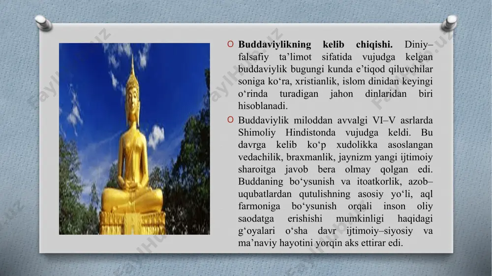 lab voqealarga afsonaviy tus berilgan. xususan, rivoyatlardan birida keltirilishicha, budda 84 marta ruhoniy, 58 marta shoh, 24 marta rohib, 13 marta savdogar, 18 marta maymun, 12 marta tovuq, 8 marta g‘oz, 6 marta fil, shuningdek, baliq, qurbaqa, kalamush, quyon qiyofalarida 550 marta qayta tug‘ilgan. so‘nggi marta xudolar uni insoniyatni to‘g‘ri yo‘lga boshlashi uchun inson qiyofasida yaratganlar. hind podsholari magadxi bimbisare va ajatashatruning buddaviylikni qabul qilishi, keyinchalik imperator ashoka va kanishkaning qo‘llab–quvvatlashi natijasida buddaviylik davlat dini darajasiga ko‘tarildi. buddaviy rohiblar jamoasi – “sangha” shakllandi. ma’lumki, braxmanlik va hinduiylikda kishilar “kasta”larga bo‘linib, odamlar “past” va “oliy” tabaqaga ajratilgan. bundan farqli ravishda budda “inson kim bo‘lishidan qat’i nazar, tug‘ilishda teng huquqlidir, biri ikkinchisidan ortiq emas”, degan g‘oyani ilgari surdi. buddaviylar uchun yangi yilning boshlanishi o‘z axloqiy xatti–harakatlariga baho berish, poklanish va savobli ishlarni bajarish haqida qayg‘urish vaqti bo‘lib hisoblanadi. aprel oyida 2–z kun davomida nishonlanadigan “yangi yil bayrami”da budda, avliyolar, ajdodlar yodga olinib, …