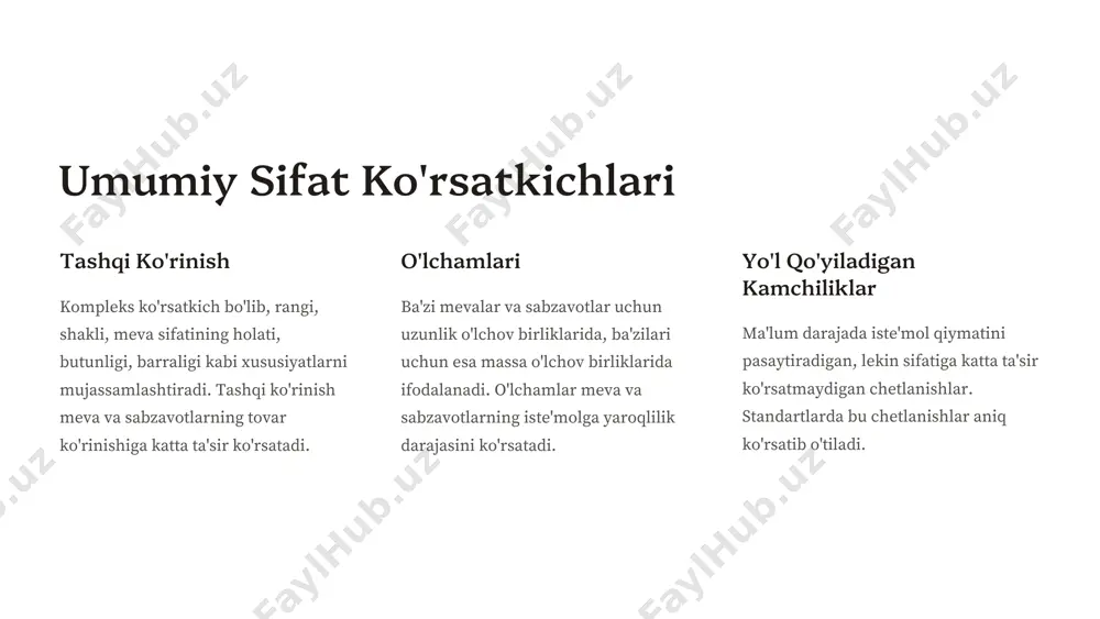 eva va sabzavotlarning sifat gradastiyalari yangi uzilgan meva-sabzavot mahsulotlari sifati bo'yicha standart talabiga javob beradigan, standart talabiga javob bermaydigan, ya'ni nostandart va ovqatga ishlatib bo'lmaydigan (chiqit) kabi guruhlarga ajratiladi. standart mahsulotlar deb shunday mahsulotlarga aytiladiki, ular hamma ko'rsatkichlari bo'yicha amalda qo'llanilayotgan standartlar va texnik shartlar talabiga to'liq javob beradi. standart talablarga javob beradi. nostandart talablarga javob bermaydi. chiqit ovqatga yaroqsiz. urug'li mevalar sifat tahlili: olma va nok tez pishar olma navlarining sifati gost 16270-70 ga, kech pishar olma navlarining sifati esa gost 21122-75 standarti talabiga javob berishi kerak. bu davlat standartlari talabi bo'yicha tez pishar olmalar sifat ko'rsatkichlari bo'yicha 1-chi va 2-chi tovar navlariga bo'linsa, kech pishar olma navlari esa oliy, 1-chi, 2-chi va 3-chi tovar navlariga bo'linadi. nok issiqsevar daraxt, mevasi olmaga nisbatan ancha nozik, shuning uchun saqlashga va tashishga chidamsizroq meva hisoblanadi. nokni asosan ho'l meva sifatida iste'mol qilinadi va undan kompot, murabbo, stukat kabi mahsulotlar tayyorlashda ham …