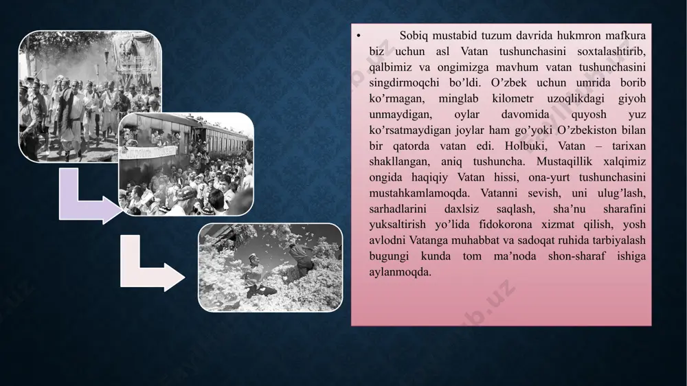 oladigan shaxs maʼnaviyatini qaror toptirish masalasiga katta eʼtibor berilmoqda. xalq farovonligi – milliy istiqlol mafkurasi – har bir kishining manfaatlarini yurt manfaatlari bilan uygʼunlashtiradigan, uni xalq baxt-saodati yoʼlida xizmat qilishga daʼvat etadigan bunyodkor gʼoyadir. u milliy istiqlolning oliy maqsadlaridan biri boʼlmish barchamiz uchun muqaddas sanalgan vatanimizning ravnaqini taʼminlash, uning jahon maydonida munosib oʼrin egallashiga erishishini nazarda tutadi. vatan ravnaqi gʼoyasini amalga oshirish bevosita jamiyatning ijtimoiy, siyosiy, iqtisodiy, maʼnaviy-madaniy rivojlanishiga bogʼliq. bunda birinchidan, hozirgi ijtimoiy barqarorlik, millatlararo totuvlik, diniy bagʼrikenglik, jamiyatni boshqarishda ommaviy tashkilotlarning (xususan, mahallaning) mavqeini oshirish, aholini ijtimoiy himoya qilish tamoyillari nihoyatda muhim. ikkinchidan, hayotda demokratik tamoyillarning ustuvorligi, muqobil partiyalar, jamiyatning barcha jabhalarini erkinlashtirish, davlatning islohotchilik funktsiyasi, aholi siyosiy ongi va madaniyatini oshirishda katta ahamiyatga ega. uchinchidan, bozor munosabatlariga xos mulkchilikning shakllanishi, iqtisodiyotning tarkibiy tizimidagi oʼzgarishlar, xususiy tadbirkorlik va kichik biznesni rivojlantirish, iqtisodiyotni erkinlashtirish, tashqi iqtisodiy aloqalarni kuchaytirish bunda muhim omil boʼlib xizmat qiladi. toʼrtinchidan, tarixiy merosimizning tiklanishi, aholi …