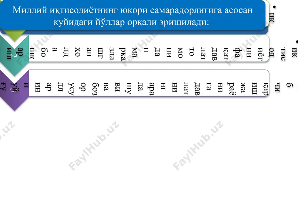 otiga asoslangan deyarli barcha mamlakatlarni qamrab olgan iqtisodiy inqiroz davrida tanqidga uchradi. iqtisodiy tanazzul va ommaviy ishsizlik davlatning iqtisodiy jarayonlarga aralashuvini kuchaytirishni taqozo qildi. a.smit davlatning iqtisodiy jarayonlarga har qanday aralashuvi oxir oqibatda faqat vaziyatni yomonlashtiradi deb hisoblaydi. p taklif qonuni talab qonuni p d d p p s s bozor qonunlari d raqobat bu bozor iqtisodiyotini harakatga keltiruvchi kuch hisoblanadi. d p p s s p p bozor qonunlari davlatning iqtisodiyotdagi rolini oshirish masalasi j.m.keynsning «ish bilan bandlik, foiz va pulning umumiy nazariyasi» (1936) nomli asarida o'z aksini topdi. unda muallif davlat fiskal (xazinaviy) va kreditli tartibga solish vositalaridan foydalanib, jamiyatning yalpi talabini rag'batlantirishni va aholining ish bilan bandligini ta'minlashi zarurligini isbotlaydi. 2. iqtisodiyotni davlat tomonidan tartibga solishning maqsad va vazifalari iqtisodiyotni davlat tomonidan tartibga solishning ob'ektiv asosi bo'lib ishlab chiqarishning umumlashuvi jarayoni xizmat qiladi. 1 chuqurlashib borayotgan ijtimoiy mehnat taqsimoti asosida ishlab chiqarish ixtisoslashgan tarmoqlarining o'zaro aloqasi va …