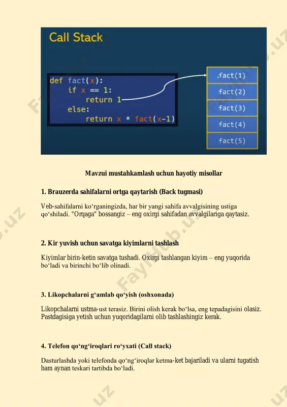 ekni qanday tashkil qilish mumkin? 10. python dasturlash tilida list ma'lumotlar tuzilmasi stek yoki navbat sifatida qanday ishlatiladi? adabiyotlar ro‘yxati 1. cormen t., leiserson c., rivest r., stein c. – introduction to algorithms, mit press, 2009. 2. horowitz e., sahni s., anderson-freed s. – fundamentals of data structures in c, computer science press, 1995. 3. lafore r. – data structures and algorithms in java, sams publishing, 2002. 4. aho a. v., hopcroft j. e., ullman j. d. – data structures and algorithms, addison-wesley, 1983. 5. goodrich m., tamassia r. – data structures and algorithms in python, wiley, 2013. 6. skiena s. – the algorithm design manual, springer, 2020. 7. neapolitan r., naimipour k. – foundations of algorithms, jones & bartlett learning, 2010. 8. weiss m. a. – data structures and algorithm analysis in c++, pearson, 2014. 9. patel r. – data structures and algorithms in c, mcgraw-hill, 2018.