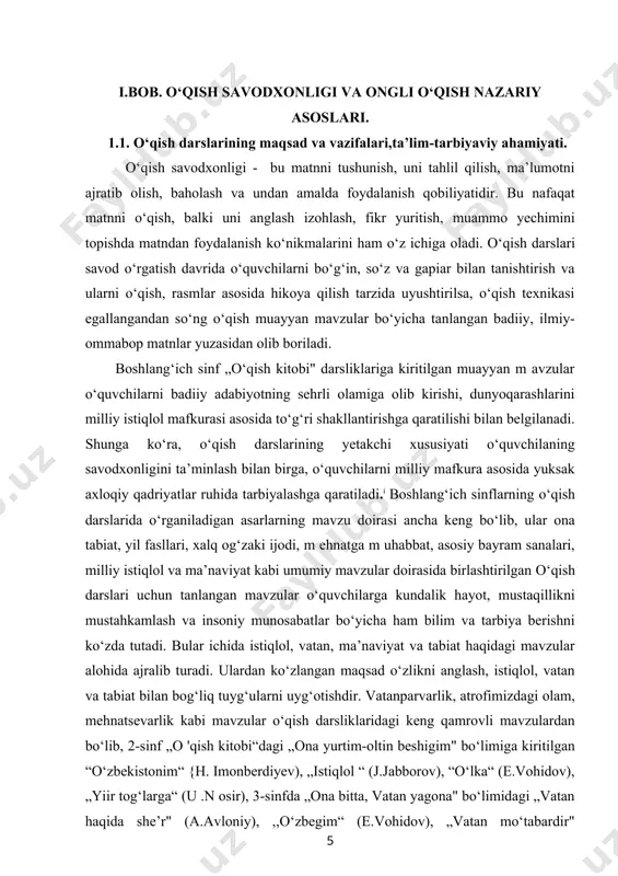 ya berishni ko‘zda tutadi. bular ichida istiqlol, vatan, ma’naviyat va tabiat haqidagi mavzular alohida ajralib turadi. ulardan ko‘zlangan maqsad o‘zlikni anglash, istiqlol, vatan va tabiat bilan bog‘liq tuyg‘ularni uyg‘otishdir. vatanparvarlik, atrofimizdagi olam, mehnatsevarlik kabi mavzular o‘qish darsliklaridagi keng qamrovli mavzulardan bo‘lib, 2-sinf „o 'qish kitobi“dagi „оnа уurtim-oltin beshigim" bo‘limiga kiritilgan “o‘zbekistonim“ {h. imonberdiyev), „istiqlol “ (j.jabborov), “o‘lka“ (e.vohidov), „yiir tog‘larga“ (u .n osir), 3-sinfda „ona bitta, vatan yagona" bo‘limidagi „vatan haqida she’r" (a.avloniy), ,,o‘zbegim“ (e.vohidov), „vatan mo‘tabardir" (x.davron), „bilib qo‘yki, seni vatan kutadi“ (t. malik), 4-sinfda „ o‘zbekiston - vatanim manim “ bo‘limidagi „serquyosh o‘lka “ (z. diyor), „iqboli buyuksan“ (a. oripov), „toshkentnoma" (m .shayxzoda), ,,xarita“ (n .n orqobil) kabi asarlar misolida atroflicha tahlilga tortiladi ijtimoiy-tarixiy mazmundagi mavzular vatanimiz o‘tmishi, xalqimiz hayoti, mardonavor kurashi, ulug‘ siymolar tomonidan amalga oshirilgan ishlar, tarixiy sanalar to‘g‘risida muayyan tasavvur beradi.[footnoteref:3] [1: ] [3: k. qosimova, s. matchonov, x. g‘ulomova va b. “ona tili o‘qitish …