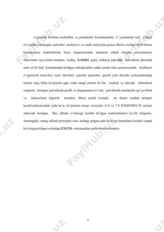 bo’lsa fayl\novыy buyruqlari tanlanadi. excel kniga1 yoki kniga2 va hokazo deb nomlangan bo’sh jadvalni taklif qiladi. excel ruscha versiyasining umumiy ko’rinishi 1-rasmda ko’rsatilgan, ko’pchilik ochilgan landshaftlar nazarimizda windows word ni chiziqli instrumentlar va menyusini eslatadi. ammo keskin ajratadigan belgilar xam mavjud . standartnaya va formatirovaniye kabi panel instrumentlarida winword va write da bo’lmagan formula qatori joylashgan. asosiy farq, shundaki excel ning ishchi maydoni toza qog’ozni emas, balki bo’sh jadval namoyon qiladi, biz esa siz bilan bu jadvalini to’ldirishimiz kerak. хaqiqatdan xam ishchi kitobni tasvirlaydigan , 1 ta emas 16 ta jadval joylashgan. ishchi maydonining pastida, liftning chap gorizontal qaismida siz qatlam qatorni ko’rasiz. kerakli vaqtda kitobimizni varaqlashimiz mumkin. kim klaviaturadan foydalanishga qiynalsa,ctrl-pgur,ctrl-rddn tugmalarini (orqaga va oldinga varaqlaydi) bosishi mumkin. agar kitobning 16 varag’i kamlik chi qatorini ko’shishga imkoniyatingiz bor.excel ko’p oynali programmadir.ya’ni bir vaktda bir nechta xujjatni ochish mumkin. elektron jadvallar bilan ishlashga mo'ljallangan programmalarga microsoft excel, lotus, quattro pro, …