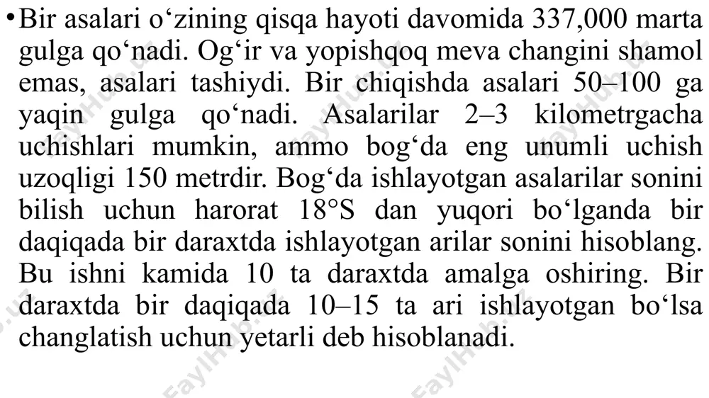 ko‘p asalari talab qilinadi. meva gullari ochilayotgan davrda gullashi mumkin bo‘lgan begona o‘tlarni nazorat qilish zarur. bu vaqtda bog‘da insektisid va gerbisidlardan foydalanish umuman mumkin emas. meva tugilishi. daraxt to‘la kuch bilan hosil berishi uchun olma gullarining 5– 10 foizi meva tugishi shart. bu ko‘rsatkich shaftolida 10–15 % va gilosda 25–30 % ni tashkil etadi. aksariyat olma navlari o‘zini-o‘zi changlata olmaydi. na o‘zini changlata oladigan va na boshqa olma navlari uchun changlatuvchi vazifasini o‘tay olmaydigan navlar triploid deyiladi. jonagold, mutsu va vaynsep olma navlari bunga misol bo‘la oladi. chang qanday qilib tashiladi? mevali daraxtlarning gul changlari og‘ir va yopishqoq bo‘ladi, shu sababli tashilishi uchun asalarilar kerak bo‘ladi. changlatuvchilarni joylashtirish. chang manbaini ta‘minlash uchun vaqtinchalik chora sifatida changlatuvchi daraxtning gullagan shoxlarini kesib olib, suvli bochkalarga solib, changlanishi lozim bo‘lgan daraxtlar oldiga qo‘yish mumkin. chang ishlab chiqarish davri uzoqroq cho‘zilishi uchun shoxlar bosh gullar (markaziy gul) ochilishni boshlagan vaqtda kesib olinishi zarur. …