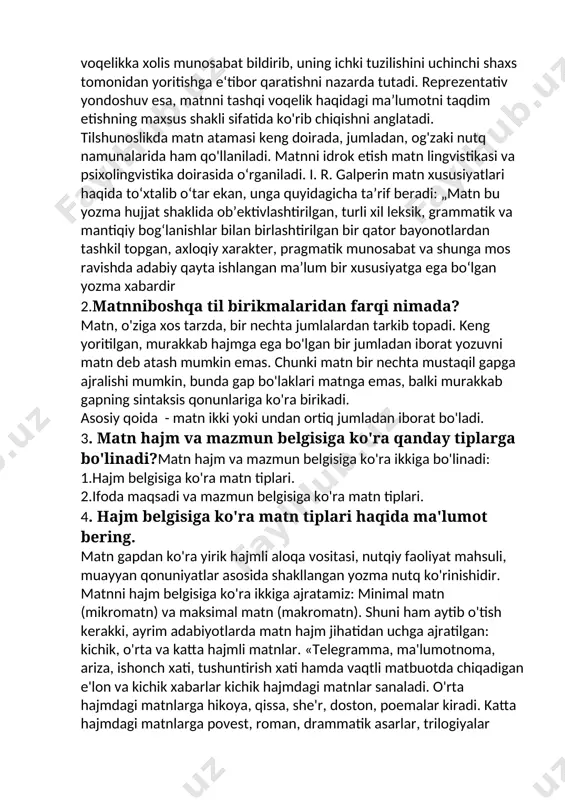 alaridan farqi nimada? matn, o'ziga xos tarzda, bir nechta jumlalardan tarkib topadi. keng yoritilgan, murakkab hajmga ega bo'lgan bir jumladan iborat yozuvni matn deb atash mumkin emas. chunki matn bir nechta mustaqil gapga ajralishi mumkin, bunda gap bo'laklari matnga emas, balki murakkab gapning sintaksis qonunlariga ko'ra birikadi. asosiy qoida - matn ikki yoki undan ortiq jumladan iborat bo'ladi. 3. matn hajm va mazmun belgisiga ko'ra qanday tiplarga bo'linadi?matn hajm va mazmun belgisiga ko'ra ikkiga bo'linadi: 1.hajm belgisiga ko'ra matn tiplari. 2.ifoda maqsadi va mazmun belgisiga ko'ra matn tiplari. 4. hajm belgisiga ko'ra matn tiplari haqida ma'lumot bering. matn gapdan ko'ra yirik hajmli aloqa vositasi, nutqiy faoliyat mahsuli, muayyan qonuniyatlar asosida shakllangan yozma nutq ko'rinishidir. matnni hajm belgisiga ko'ra ikkiga ajratamiz: minimal matn (mikromatn) va maksimal matn (makromatn). shuni ham aytib o'tish kerakki, ayrim adabiyotlarda matn hajm jihatidan uchga ajratilgan: kichik, o'rta va katta hajmli matnlar. «telegramma, ma'lumotnoma, ariza, ishonch xati, …