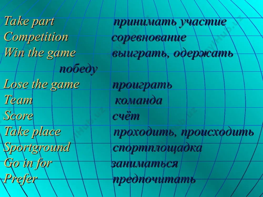 te / aerobics / wrestling / weight training / athletics / kurash / gymnastics / yoga play -- football / bowling / ping pong / basketball / badminton / volleyball / handball go -- swimming / skating / skiing / jogging put the words into different groups according to the categories given: 1 ball games: 2 team sports: 3 outdoor sports: 4 sports done to music: 5 others: solve and write the names of sports 1 cokehy 2 nisnet 3 lalbotof 4 sabalbel 5 niksig 6 clnicyg questions: 1 why sport is so important in our life? 2 what kinds of sport are popular in our country? 3 what kinds of sport are popular in great britain? 4 which british football teams do you know? 5 which russian football teams do you know? 6 what is your favorite sport? 7 what sports do you like doing? 8 where are your …