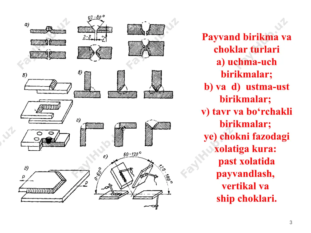 elektrod uchi yuqori temperaturagacha tez qizib ketadi, bu temperatura ta’sirida elektrod buyumdan 3-4 mmga qo’tarilganda, gaz oraligi ionizatsiyalashadi va payvand yoy paydo bo’ladi. * + - elektryoy elektrod qo’shimcha metal detal elektryoy elektrod detallar * payvandlash elektrostansiyasi payvandlash transformatori tok to’g’irlagich elektr tok manbalari va payvandlash asbob-uskunalari payvand yoyni uzluksiz o‘zgarmas va o‘zgaruvchan tok bilan ta’minlovchi agregatlar tok manbalari deyiladi. tok manbalari sifatida payvandlash transformatorlari, payvandlash generatorlari ishlatiladi. payvandlash transformatorlari elektr tarmoqdan kelayotgan tok kuchini oshirib, kuchlanishni kamaytiradi. transformatorning birlamchi chulg‘ami orqali 220 yoki 380 v tok o‘tganda o‘zgaruvchan magnit maydoni hosil bo‘ladi. u ikkilamchi chulg‘am o‘ramlari bilan kesishganda unda 50 - 60 v o‘zgaruvchan tok uyg‘otadi. ikkilamchi chulg‘amdagi tok kuchlanishi uning o‘ramlar soniga bog‘liq. payvandlash generatorlari o‘zgarmas tokni ishlab chiqaradi. bular bir yoki ko‘p postli bo‘ladi. uzgaruvchan tokni o‘zgarmas tokka aylantirish uchun to‘g‘rilagich agregatlar qo‘llaniladi. bu agregatlar yarim o‘tkazgich elementlarning tokni bir tomonga yaxshi o‘tkazish xususiyatiga asoslangan. 2.2.payvandlash davomida …