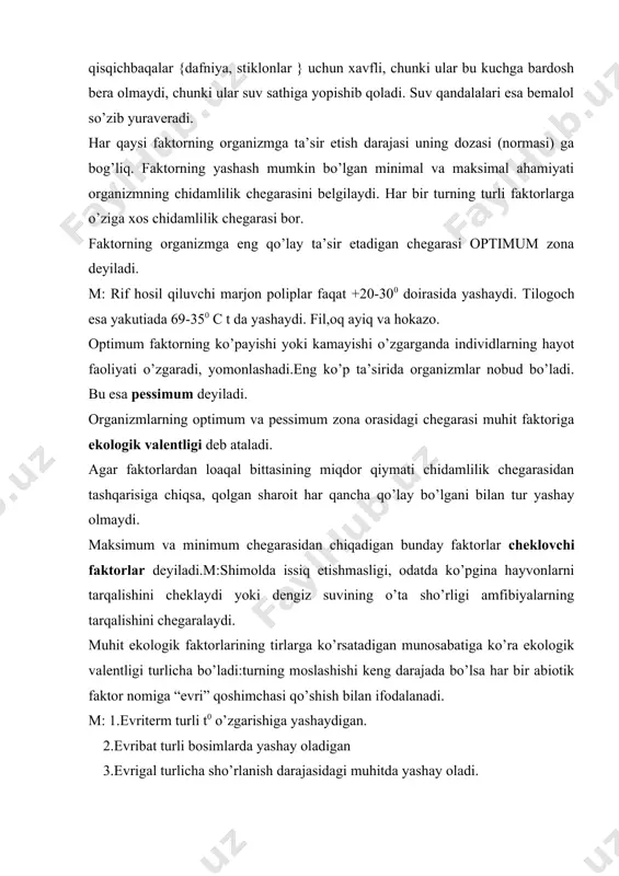 ularni turlicha klassifikastiya qilish mumkin. biz hayvonlarni birgina harakat qilishiga qarab klassifikastiya qilsak, turli xil sinfga kiruvchi turlar 1 ta ekologik guruh kiritiladi. m: suvda raketasimon harakat qiluvchilarga medo’zalar, bosh oyoqli mollyuskalar, xivchinlilar, yndo’z, beshiktervat lichinkalari va hokazo. xullas, turli-tuman ekologik faktorlarga ko’ra klassifikastiya qilish mumkin yoki yana bir misol organizmlarni oziqlanish harakteriga ko’ra klassifikastiya qilamiz. 1.avtotroflar – 2 ga fototrof va xemotroflarga bo’linadi. 2.geterotrof 1.a) fototroflar organik modda qilishda quyosh yorug’ligidan foydalanadi. b) xemotroflar – ximiyaviy reaktsiya energiyasidan foydalanadi. 2.a) saprofitlar – oddiy organik birikmalar bilan oziqlanadi. b)golozoy- murakkab organik birikmalar bilan oziqlanadi. golozoy organizmlar ham o’z navbatida qo’yidagi guruhlarga bo’linadi. a)saprofitlar o’simliklarni chirigan qoldiqlari bilan oziqlanadi. b)fitofag tirik o’simliklar bilan oziqlanadi. v)zoofag tirik hayvonlar bilan oziqlanadi. g)nekrofag o’limtiklar bilan oziqlanadi. hayvonlarni oziqni tutishiga qarab ham ekologik klassifikastiya qilish mumkin. m:fil’troterlar kichik qisqichbaqalar, baqachig’anoq kit va hokazo. kavsh qaytaruvchilar, kavsh qaytarmovchilar, ovchilar va hokazo. tayanch iboralar: muhit, tabiiy va …