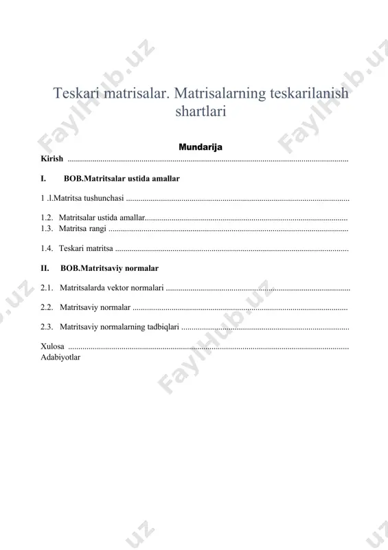 o„zlari tanlagan yo‘nalishlari bo`yicha bakalavr diplomini olishlari mumkin.mamlaktimizda joriy etilgan bu ta’lim olish tizimi o„zining samaraviyligi tufayli ko`pchilik mutaxassislarning e’tirofiga sazovor bo`lmoqda.oliy o„quv yurtlarida talabalarning ma’naviyatini boyitishga katta e’tibor beriladi.fuqarolarning, ayniqsa, yoshlarning ma’naviyati yuksakligi respublikamizning har tamonlama jadal rivojlanishini va ilg`or davlatlar qatoriga qo`shilishini ta’minlaydi.o`zbekiston respublikasining birinchi prezidenti i.karimovning `yuksak ma’naviyat yengilmas kuch` asarida buning ahamiyati to`la yoritib berilgan.oliy o`quv yurti talabasi bakalavr darajasini olishda avval kursishini himoya qilish zarur.`matritsaviy normalar va ularning tatbiqlari`mavzusida kursish yozildi. kurs ishning qisqacha mazmuni quyidagilardan iborat:birinchi bobning birinchi paragrfida algebra va sonlar nazariyasining muhim tushunchalaridan hisoblangan matritsa tushunchasi,matritsalar ustida amallar,teskari matritsa,matritsa rangi,matritsalarni chiziqli almashtirishlar, kabi tushunchalar batafsil yoritib berigan.ularga oid bir nechta misollar keltirilgan.ushbu paragrafda matritsalar haqida dastlabki tushunchalar, uning qanday holatda berilishi,matritsalarni qo`shish, ko„paytirish va shularga oid ta’riflar,teoremalar, misollar hamda misollarning ishlanish usullari keltirilgan. kurs ishi mavzusining dolzarbligi: matritsaviy normalar va ularning tatbiqlari matematikaning ko`plab sohalarida uchrab turadi. matritsaviy normalar va ularning tatbiqlarini …