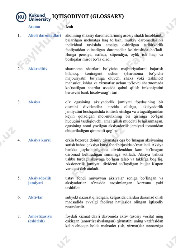 ot (ish, xizmat)lar tannarxiga yoki davr harajatlariga muntazam taqsimlash va kiritish. 8. asosiy foiz stavkasi tijorat banklari uchun qarz olish foiz stavkasini hamda qarz oluvchilar uchun kredit xarajatlarini belgilab beruvchi foiz stavkasi; asosiy foiz stavkasi o‘zgarishi banklararo pul bozoridagi foiz stavkalariga ta'sir ko‘rsatadi 9. bank bank hisobvaraqlarini ochish va yuritish, to’lovlarni amalga oshirish, omonatlarga (depozitlarga) pul mablag’larini jalb etish, o’z nomidan kreditlar berish bo’yicha bank faoliyati sifatida aniqlangan operatsiyalar majmuini amalga oshiruvchi tijorat tashkiloti bo’lgan yuridik shaxs. 10. bank tizimining likvidligi tijorat banklarining o‘zbekiston respublikasi markaziy bankida ochilgan vakillik hisobvaraqlaridagi milliy valyutada hisoblanadigan pul mablag‘lari qoldiqlari. 11. bank hisobvarag’i bank tomonidan shartnomaga muvofiq mijozga ochilgan hisobvaraq bo’lib, unga ko’ra bank mijozning hisobvarag’iga tushayotgan pul mablag’larini qabul qilish va hisobga kiritish, mijozning hisobvarag’idan tegishli pul mablag’larini o’tkazish hamda berish va hisobvaraq bo’yicha boshqa operatsiyalarni amalga oshirish haqidagi topshiriqlarini bajarish majburiyatini zimmasiga oladi.1 12. bank kafolati bank (kafilning) o’z mijozi bo’yicha pul …