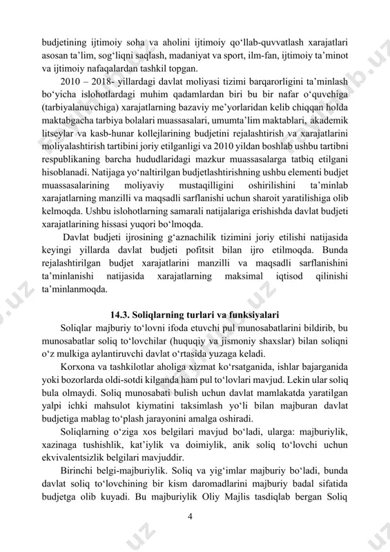 ada yuksaltirish, pirovardida aholining intellektual salohiyati va turmush farovonligini yuksaltirishda davlat budjeti alohida ahamiyatga ega bo‘layotganini tasdiqlaydi. davlat hokimiyati va boshqaruvi organlari, sud organlari faoliyati uchun xarajatlar jami xarajatlar tarkibida 2012- yilda jami budjet xarajatlarini 3,9 foizni tashkil etgan bo‘lsa, 2017- yilga kelib bu xarajatlar 4,4 foizni tashkil etgan. demak, nominal mazmunda ushbu xarajatlar qariyib 2 barobardan ko‘p o‘sgan bo‘lsa-da, ularning budjet xarajatlaridagi 0,5 f.b.ga ko‘paygan. yuqoridagi jadvaldagi budjet xarajatlari budjet siyosatining asosiy yo‘nalishlarini o‘zida ifoda etib, unda tabiiy ravishda ijtimoiy soha va aholini ijtimoiy qo‘llab-quvvatlash masalalari ustuvor ekani kuzatilmoqda. davlat budjetining ijtimoiy soha va aholini ijtimoiy qo‘llab-quvvatlash xarajatlari asosan ta’lim, sog‘liqni saqlash, madaniyat va sport, ilm-fan, ijtimoiy ta’minot va ijtimoiy nafaqalardan tashkil topgan. 2010 – 2018- yillardagi davlat moliyasi tizimi barqarorligini ta’minlash bo‘yicha islohotlardagi muhim qadamlardan biri bu bir nafar o‘quvchiga (tarbiyalanuvchiga) xarajatlarning bazaviy me’yorlaridan kelib chiqqan holda maktabgacha tarbiya bolalari muassasalari, umumta’lim maktablari, akademik litseylar va kasb-hunar kollejlarining …
