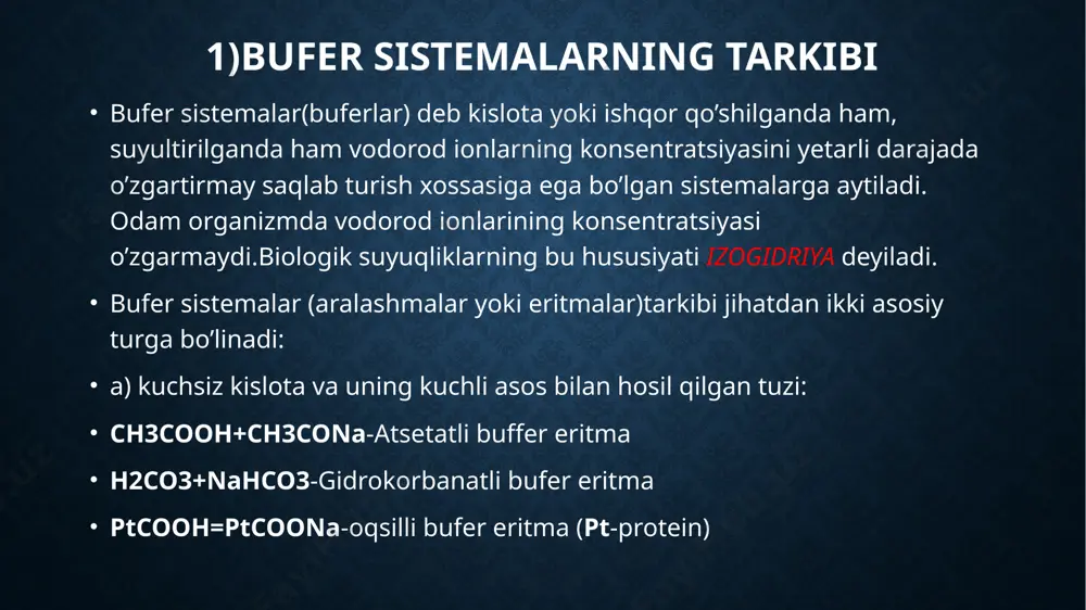 l topgan bo’lib , qonning kuchli buffer sistemasi hisoblanadi . qonning umumiy buffer ta’sirining deyarli 10% gidrokarbanatli buferga to’g’ri keladi . qon ph ining normal qiymatida , ya’ni ph=7,4 da , gidrokarbonat buffer sistemasining tarkiblar nisbati h2co3:nahco3=1:20 ni tashkil etadi. gidrokorbanat ionlari ko’rinishida mavjud bo’lgan co2 ning hajmiy ulushi qonning ishqoriy zaxirasi deyiladi va odatda 50-70 % ni tashkil etadi. . fosfatli buffer sistema to’qima va ba’zi biologic suyuqliklarning buffer sistemasi asosini tashkil etadi . fosfatlarning qondagi konsetratsiyasi korbanatlarga nisbatan kamroq , shuning uchun bu buffer sistemaning samaraligi qonda past , umumiy qon buffer ta’sirining taxminan 1% ini tashkil etadi. bu buffer ortofosfat kislotaning birlamchi va ikkilamchi tuz aralashmasidan iborat . bu tuzlarning qanday nisbatlarda bo’lishiga qarab 5,90 dan 7,80 gacha turli ph dagi buffer aralshmalarni olish mumkin. fosfatli buffer sistemalar labaratoriya amaliyotida ko’p ishlatiladi , chunki ularning ph qiymatlari fiziologik jihatdan eng muhim reaksiya muhitining qiymatlariga to’g’ri keladi. ikkala …