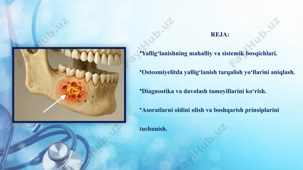 ayib ketadi. osteomiyelit klinik shakllari 1️⃣ o‘tkir osteomiyelit tez boshlanadi, kuchli og‘riq, shish, isitma bilan. ko‘p hollarda tish ildizi infeksiyasi sabab bo‘ladi. 2️⃣ surunkali osteomiyelit o‘tkir davodan keyin yoki asta-sekin rivojlanadi. belgilari: fistulalar, uzoq davom etuvchi og‘riq, suyak deformatsiyasi. asoratlari flegmona – yiringning yumshoq to‘qimalarga tarqalishi. abssess – chegaralangan yiringli o‘choq. sepsis – infeksiya qonga tarqalishi (hayot uchun xavfli!). suyak deformatsiyasi – suyaklarning noto‘g‘ri bitishi, qiyshayishi. tashxis usullari klinik belgilar: og‘riq, shish, qizarish, isitma. laboratoriya: leykotsitoz, bakteriologik ekma. instrumental: rentgen – suyak nekrozi, destruksiya. kt / mrt – erta bosqichda ham aniqlash. davolash tamoyillari antibiotikoterapiya (keng ta’sir doirali). detoksikatsiya (infuzion terapiya). yiringni drenaj qilish – jarrohlik yo‘li bilan. nekrektomiya – nekrotik suyak qismini olib tashlash. immunoterapiya – organizm qarshiligini oshirish. 📝 xulosa yallig‘lanish — bu organizmning himoya reaktsiyasi bo‘lib, u zararli omillarni yo‘qotish va shikastlangan to‘qimalarni tiklashga qaratilgan. ammo ayrim hollarda yallig‘lanish jarayoni faqat lokal o‘choq bilan chegaralanib qolmay, turli …