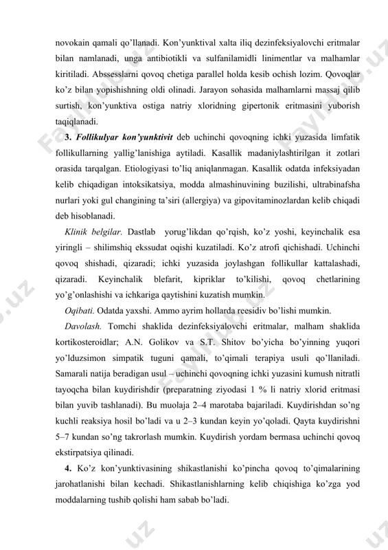 1 % li natriy xlorid eritmasi bilan yuvib tashlanadi). bu muolaja 2–4 marotaba bajariladi. kuydirishdan so’ng kuchli reaksiya hosil bo’ladi va u 2–3 kundan keyin yo’qoladi. qayta kuydirishni 5–7 kundan so’ng takrorlash mumkin. kuydirish yordam bermasa uchinchi qovoq ekstirpatsiya qilinadi. 4. ko’z kon’yunktivasining shikastlanishi ko’pincha qovoq to’qimalarining jarohatlanishi bilan kechadi. shikastlanishlarning kelib chiqishiga ko’zga yod moddalarning tushib qolishi ham sabab bo’ladi. kon’yunktival xaltaga tushib qolgan jism odatda katta shikastlanish paydo bo’lishiga olib kelmaydi, lekin doim kuchli og’riqli reaksiyani chaqiradi. shu sababli hayvon kuchli bezovtalanadi va ko’zga kirib qolgan yod narsani chiqarib tashlashga harakat qiladi. yod jismning yana xavfli tomoni – u ko’zning parenximatoz qavati va shox pardasini shikastlab, mikrofloraga yo’l ochishi mumkin. klinik belgilar. kon’yunktival xaltaga yod modda yoki jism tushib uni shikastlaganda yorug’dan qo’rqish alomatlari, ko’z yoshining oqishi, qovoqlarning yopishib qolishi shuncha kuchli bo’ladiki, ba’zida og’riqsizlantiruvchi moddalar yordamida ham qovoqlarni ochish qiyin bo’ladi. qovoqlar ochilgandan so’ng kon’yunktival xaltada yod …