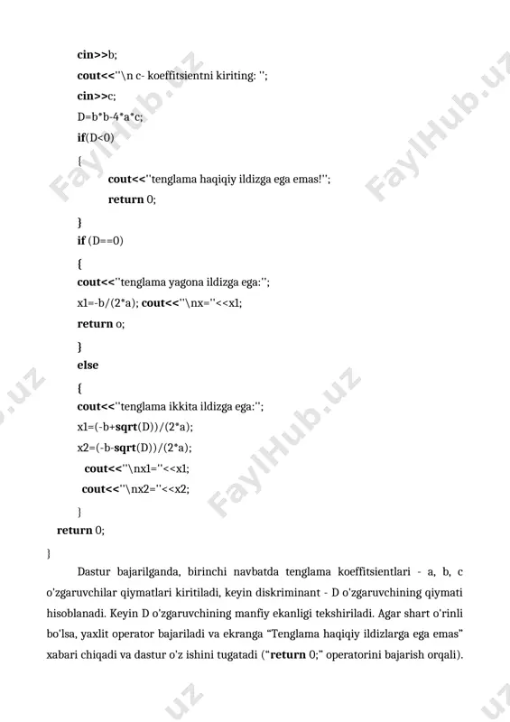 ilan davom ettiradi, aks holda “jarayon tugadi!” javobi beriladi va dastur o'z ishini tugatsin. bu masala uchun tuziladigan dastur foydalanuvchining 'y' yoki 'y' javoblari jarayonni davom ettirishni bildiradi, boshqa belgilar esa tugatishni anglatadi. #include int main() { char javob=' '; cout >javob; switch (javob) { case 'y': case 'y': cout birorta bilan ustma-ust tushmasa, operator hech qanday amal bajarmasdan boshqaruv tanlash operatordan keyingi operatorga o'tadi. agar break bo'lmasa, birorta bilan ustma-ust tushgan holda, unga mos keluvchi operatorlar guruhini bajaradi va «to'xtamasdan» keyingi qatordagi operatorlar guruhini bajarishga o'tib ketadi. masalan, yuqoridagi misolda break operatori bo'lmasa va jarayonni davom ettirishni tasdiqlovchi ('y') javob bo'lgan taqdirda ekranga jarayon davom etadi! jarayon tugadi! xabarlari chiqadi va dastur o'z ishini tugatadi (return operatorining bajarilishi natijasida). tanlash operatori sanab o'tiluvchi turdagi o'zgarmaslar bilan birgalikda ishlatilganda samara beradi. quyidagi dasturda ranglar gammasini toifalash masalasi yechilgan. #include int main() { enum ranglar{qizil, tuq_sariq,sariq,yashil,kuk,zangori,binafsha}; ranglar rang; //... switch (rang) …