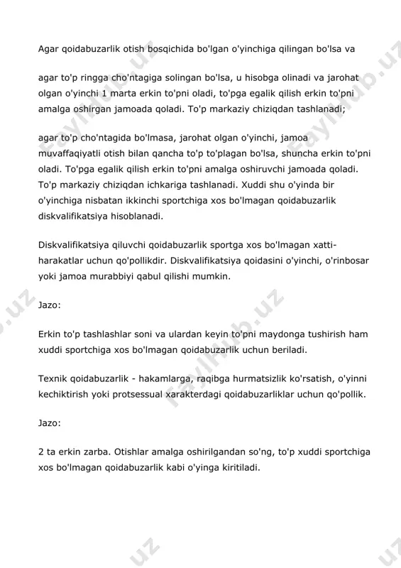 qa qo'li bilan olishi bilan dribling tugaydi. agar sportchi yana driblingni davom ettirsa, bu qoidalarni buzish (dubl dribling) hisoblanadi. to'p o'yin chizig'i orqasidan o'yinga qo'ygan raqib jamoaga uzatiladi. to'pni to'xtating. to'xtash to'pi - har bir jamoaning 1 yoki 2 nafar o'yinchisi to'p bilan aloqa qiladigan va to'p o'yindan chiqarib yuboriladigan o'yin holati. bu holatda o'yin bahsli to'qnashuv bilan davom etadi. to'p o'yindan tashqarida. agar to'p yoki to'p tashuvchi maydonning chegara chizig'iga yoki maydonga, biror narsaga yoki maydon tashqarisidagi shaxsga tegsa, hakam "ofsayd" buyrug'ini beradi. o'yindan tashqari holatni aniqlash qiyin bo'lgan taqdirda, ya'ni ikkala tomonning hakamlari ham ushbu qoidaga amal qilsalar. turli fikrlar yoki hakamlar qaysi jamoa ofsaydga sabab bo'lganini aniqlay olmasa, o'yin to'qnashuv bilan davom etadi. to'pni maydonga tushirish. o'yin to'xtatilgandan keyin "ofsayd" yoki texnik xatolar(harakat qoidasini buzish, ikki marta dribling qilish, 3 sek qoidasini buzish va h.k.) to'p o'yin chizig'idan to'pni maydonga tushirish orqali kiritiladi. savatga to'p tashlash muvaffaqiyatli …