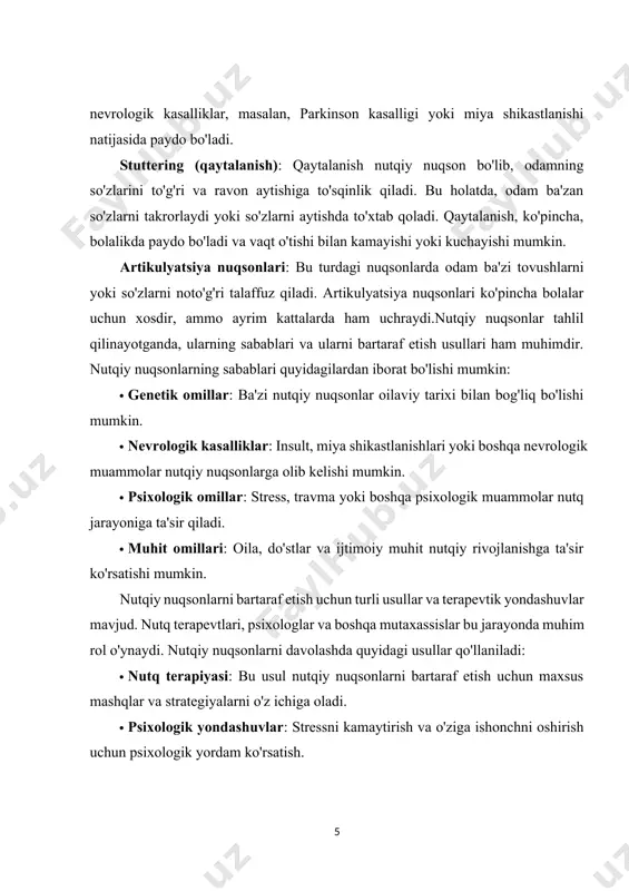 ko'rinishda bo'lishi mumkin, shuning uchun yondashuvlar ham individual ravishda tanlanishi kerak. nutqiy nuqsonlar bilan kurashishda sabr-toqat va doimiy qo'llab-quvvatlash zarur. nutqiy nuqsonlarning oldini olish va ularni bartaraf etish jarayoni murakkab va ko'p bosqichlardan iborat bo'lishi mumkin, lekin bu jarayon o'z-o'zini anglash va shaxsiy rivojlanish uchun muhimdir. nutqiy nuqsonlar haqida ko'proq ma'lumotga ega bo'lish va ularni o'rganish, shuningdek, muammolarni bartaraf etish uchun kerakli resurslarni izlash, har bir inson uchun foydali bo'ladi. 1.2.nutqida kamchiligi bo‘lgan bolalarning psixologik xususiyatlari. nutqida kamchiligi bo’lgan bolalarning psixologik xususiyatlarini o’rganish, ularning rivojlanishi va ijtimoiy hayotdagi o’rni haqida chuqur tushuncha berish uchun zarur bo’lgan ko’plab jihatlarni ko’rib chiqish kerak. nutqiy muammolar bolalarning psixologik holatiga, o’zini tutishiga va ijtimoiy munosabatlariga ta’sir qilishi mumkin. nutqiy kamchiliklar, masalan, dizlaliya, afaziya, dysartriya va qaytalanish kabi holatlar bolalarning o’ziga bo’lgan ishonchini pasaytirishi, kommunikatsiya qobiliyatini cheklashi va ijtimoiy integratsiyasini qiyinlashtirishi mumkin. nutqiy kamchiliklarga ega bolalar ko’pincha o’zlarini noqulay his qiladilar. ular o’z fikrlarini ifoda …