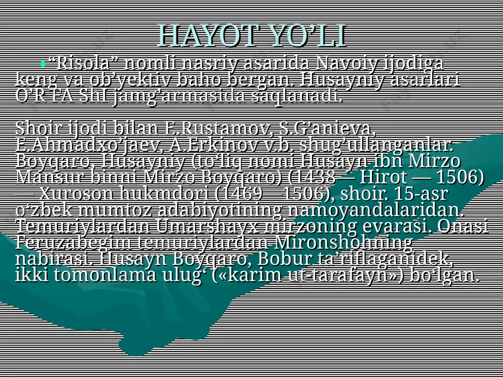 li, ma’rifatparvar hukmdor sifatida madh etish kuchli. shuningdek, “xazoyin ul-maoniy”da alisher navoiy va husayn boyqaro o`rtasidagi biografik o`rinlarni yorituvchi g`azallar va baytlar alohida o`rin egallaydi. xususan, ko`pchilik g`azallarda husayn boyqaroning alisher navoiy she’rlarining islohotchisi sifatidagi fazilatlari ham o`z ifodasini topgan. shulardan kelib chiqqan holda husayn boyqaro haqidagi g`azal va baytlarni quyidagicha guruhlashtirish mumkin: ma’lumki, husayn boyqaro va alisher navoiy o`rtasida vaqti-vaqti bilan kelishmovchiliklar, ixtiloflar bo`lib turgan. bu, albatta, birinchi navbatda husayn boyqaroning feodal hukmdori ekanligi, shuningdek, ular yashab turgan davr ziddiyatlari bilan izohlanadi. professor a.hayitmetov yuqoridagi maqolasida navoiyning bir forsiy maktubi haqidagi mulohazalarini bayon etar ekan, uning tarjimasini keltiradi. bu maktub mazmunida ham shoh va shoir oralarida biroz sovuqchilik tushganligiga ishora bor: “men o`z gunohlarimga iqrorman. ammo men bilmayman, men qanday nojo`ya ish qildimki, siz o`zingizni mendan tortib qoldingiz…” sultonning javobi she’riy tarzda keltirilgan: tolibidin matlub ranjisa, bu unga og`ir gap emas, ishqilib matlubdan tolib ranjimasa bo`lgani[1]. hayitmetov a. navoiyxonlik …