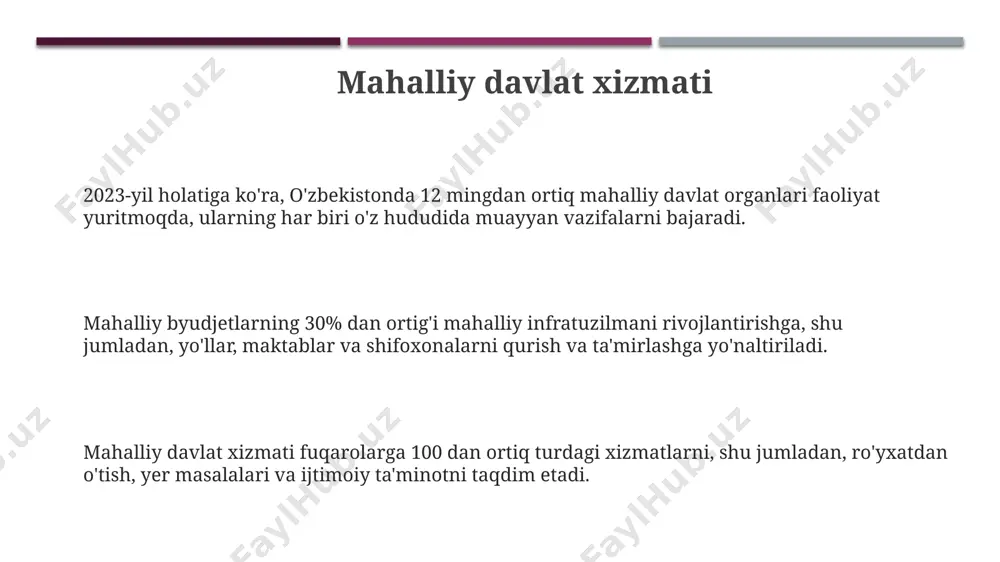 ar bilan o'zaro munosabatlarni 50% ga soddalashtirish va tezlashtirish, shu jumladan, elektron xizmatlar sonini 2 barobar ko'paytirish maqsad qilingan. shaffoflik va hisobot berish shaffoflik va hisobot berishda davlat xaridlari bo'yicha 2023 yildagi ma'lumotlar hajmi 15% ga oshdi, bu esa jamoatchilik nazoratini kuchaytirishga xizmat qiladi. qonunchilikka ko'ra, mahalliy kengashlar yig'ilishlarining audio va video yozuvlari jamoatchilik uchun ochiq manbalarda 7 kun ichida joylashtirilishi shart. mahalliy byudjetdan ajratilgan 5 mln so'mdan ortiq mablag'larni sarflash bo'yicha hisobotlar elektron shaklda e'lon qilinishi majburiydir, bu jarayonni shaffoflashtiradi. mahalliy byudjet va moliya mahalliy kengashlar byudjet loyihalarini tasdiqlash va byudjet mablag'laridan samarali foydalanishni nazorat qilish bo'yicha vakolatlarga ega bo'lib, bu jarayonda 5 dan ortiq komissiyalar ishtirok etadi. davlat byudjetidan mahalliy byudjetlarga o'tkaziladigan mablag'lar hajmi har yili soliq tushumlarining o'sishi va iqtisodiy ko'rsatkichlar bilan bog'liq holda aniqlanadi. mahalliy byudjetlarning 20% dan ortig'i ijtimoiy infratuzilmani rivojlantirishga, shu jumladan ta'lim va sog'liqni saqlashga yo'naltiriladi. aholi bilan ishlash mexanizmlari mahalla fuqarolar yig'inlari …