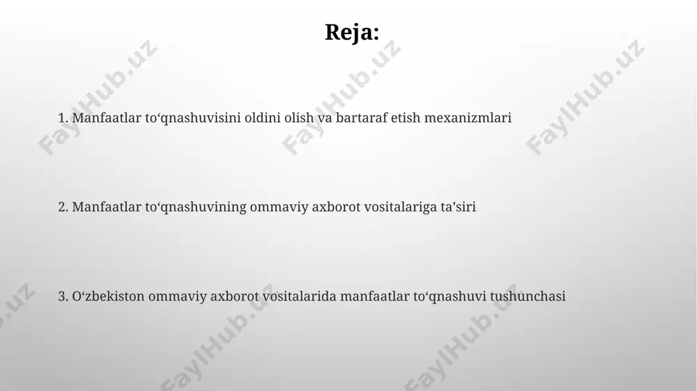 n. iqtisodiy qarama-qarshiliklar oʻzbekiston ommaviy axborot vositalarida iqtisodiy qarama-qarshiliklarning 30% dan ortigʻi reklama shartnomalari va homiylik bilan bogʻliq boʻlib, bu ommaviy axborot vositalarining mustaqilligini tahdid qilmoqda. tadqiqotlar shuni koʻrsatdiki, oʻzbekistondagi 5 dan ortiq yirik ommaviy axborot vositasi, ulardan 2 tasi davlatga tegishli boʻlib, iqtisodiy manfaatlar toʻqnashuvi xavfi yuqori boʻlgan asosiy aktsiyadorlarga ega. qarama-qarshiliklarning oqibatlari axborot manipulyatsiyasi va noto'g'ri ma'lumotlarning tarqalishi tufayli jamoatchilik fikri buziladi, ijtimoiy notinchliklar va siyosiy beqarorlik ehtimoli 30% ga oshadi. qarama-qarshiliklar natijasida ommaviy axborot vositalarining ishonchliligi 20% ga pasayishi va auditoriyaning 15% ga kamayishi kuzatiladi, bu esa reklama daromadlarining sezilarli darajada qisqarishiga olib keladi. qarama-qarshiliklarni oldini olish chora-tadbirlari jamoatchilik fikrini o'rganish bo'yicha kamida 3 ta mustaqil tadqiqot o'tkazish va natijalarni ommaviy axborot vositalarida e'lon qilish orqali shaffoflikni ta'minlash kerak. axborot tarqalishining tezligini hisobga olgan holda, 10 soat ichida javob qaytarish mexanizmini joriy etish, shuningdek, 24/7 monitoring tizimini yaratish muhim. mustaqil oavning rol va ahamiyati mustaqil oav, 20 …