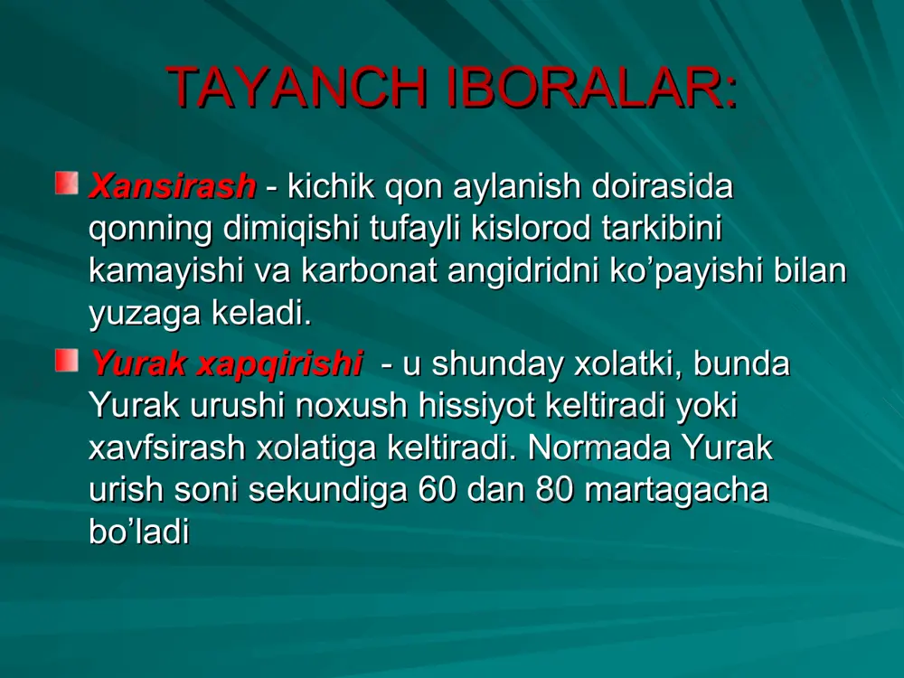 hi evaziga katta qon aylanish doirasida qon dimlanadi, tomirlar devorining buzilishi natijasida suyuqlik sizib chiqadi va shish paydo bo’ladi. yurak kasalliklarida shish asosan pastdan boshlanadi (oyoqlardan), bemor yotgan paytda shish bel va dumg’aza sohasida aniqlanadi. sianoz. lablar, burun uchi, barmoqlar, tirnoqlar ko’karadi va yurak yetishmovchilik belgilaridan biri bo’lib, shishdan oldin kelib chiqadi qon aylanish tizimini tekshirish usullari so’rab-surishtirish. qon aylanish sistemasi zararlanganda patsiyent hansirash, vaqti-vaqti bilan bo’g’ilib qolish, yurak o’ynog’i va yurak ishida to’xtalish bo’lib turishi, yurak sohasi hamda to’sh ortidagi og’riqlar, yo’tal, qon tuflash, badanida shishlar borligidan noliydi. bunda bemorlarda markaziy nerv sistemasiga aloqador funksional o’zgarishlar kuzatiladi, bular darmonsizlik, tez charchab qolish, uyqu buzilishi, bosh og’rig’i va bosh aylanishi ko’rinishida bo’ladi. hansirash ko’pincha chap qorincha yetishmovchiligining alomati bo’lib hisoblanadi. yetishmovchilikning dastlabki davrlarida odam jismonan zo’r berganida, tez yurganida, zinadan ko’tarilib chiqqanida hansiraydi. yurak kasalliklarida hansirash paydo bo’lishining sababi — gazlar almashinuvi buzilib, chala oksidlangan mahsulotlaming qonda to’planib qolishidir qon …