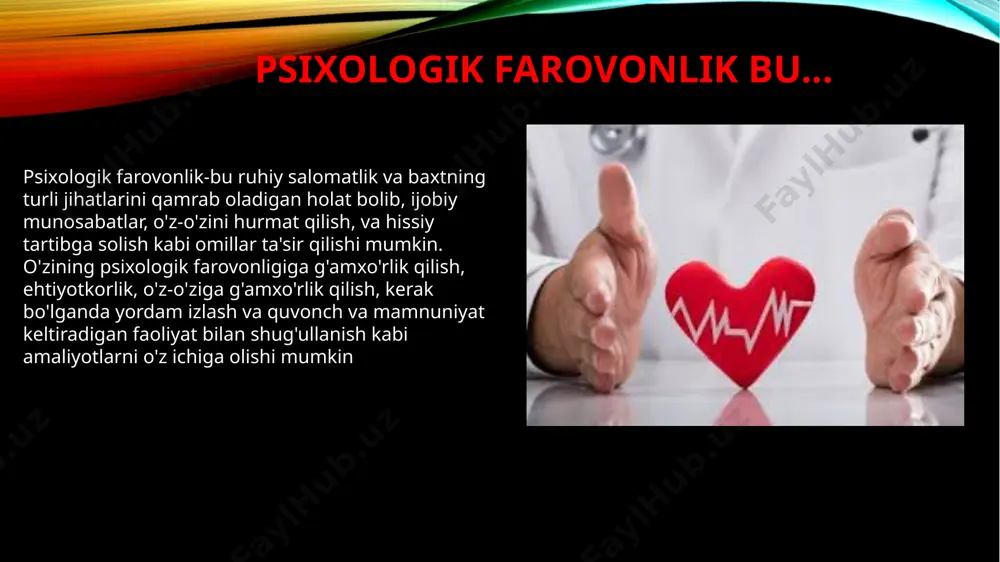 shi mumkin bo'lgan psixologik farovonlikning ba'zi afzalliklari: 1. chidamlilik: psixologik farovonlik chidamlilikni oshiradi va odamlarga qiyinchiliklar, muvaffaqiyatsizliklar va stress omillarini samaraliroq boshqarishga yordam beradi. bu shaxsning qat'iyatliligi, moslashuvchanligi va optimizmi kabi xususiyatlarning rivojlanishiga olib kelishi mumkin. 2. o'ziga ishonch: kuchli psixologik farovonlik hissi o'ziga ishonch va o'z-o'zini hurmat qilishni kuchaytiradi, shaxsda qat'iyatlilik, o'ziga ishonch va ijobiy o'z-o'zini anglashning rivojlanishiga hissa qo'shadi. 3. hissiy tartibga solish: psixologik farovonlik ko'pincha samarali hissiy tartibga solish ko'nikmalarini o'z ichiga oladi, bu esa hissiy intellekt, empatiya va shaxsiyatning yaxshi shaxslararo munosabatlarini rivojlantirishga olib kelishi mumkin. 4. tajribaga ochiqlik: yuqori psixologik farovonlikka ega bo'lgan shaxslar yangi tajribalar, g'oyalar va istiqbollarga ko'proq ochiq bo'lishlari, qiziquvchanlik, ijodkorlik va o'z shaxsiyatida o'rganish va o'sishga tayyorlik kabi xususiyatlarni rivojlantirishlari mumkin. 5. ijobiy munosabatlar: ko'pincha psixologik farovonlik bilan bog'liq bo'lgan kuchli ijtimoiy aloqalar va qo'llab-quvvatlovchi munosabatlar shaxsda rahm-shafqat, saxiylik va hamdardlik kabi xususiyatlarni tarbiyalashi mumkin. 6. maqsad va ma'no hissi: psixologik …