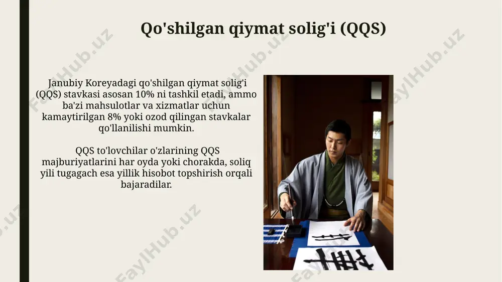 ʻliq ravishda farqlanadi. soliq qonunbuzarliklari va jazolar soxtalashtirilgan hujjatlar taqdim etilgan taqdirda, soliq to'lovchiga 50 million von gacha jarima va 5 yilgacha qamoq jazosi tahdid soladi. yashirilgan daromadlarning 40% dan ortig'i miqdorida soliq va jarima undiriladi, shuningdek, qo'shimcha ravishda qonunbuzarlikning og'irligiga qarab jarima ham qo'llanilishi mumkin. e'tiboringiz uchun rahmat @taqdimot_robot image1.jpg image2.jpg image3.jpg image4.jpg image5.jpg image6.jpg image7.jpg image8.jpg image9.jpg image10.jpg image11.jpg image12.jpg image13.jpg image14.jpg image15.jpg
