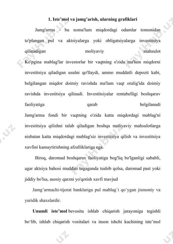qo‘yish oqibatida u tovarlarda bo‘lgan talabda o‘z aksini topmaydi. mahsulotning har qanday hajmini ishlab chiqarishdan olingan daromad to‘liq sarflangandagina jami talabni ta’minlash uchun etarli bo‘ladi. demak, jamg‘arma «daromadlar-xarajatlar» oqimida nomutanosiblik paydo bo‘lishiga olib keladi. jamg‘arma, yuqorida ta’kidlanganidek, daromadlarning ma’lum bir qismini iste’mol qilishdan chegirib qo‘yishni bildirib, natijada iste’mol sarflari hajmi barcha ishlab chiqarilgan mahsulot va xizmatlarni sotib olish uchun etarli bo‘lmay qoladi. aholi daromadining jamg‘arilgan qismi o‘zining xususiy talabini vujudga keltirmaydi. buning natijasida sotilmay qolgan tovarlarning ko‘payishi, ishlab chiqarishning qisqarishi, ishsizlik va daromadlarning pasayishi ro‘y berishi mumkin. ikkinchi tomondan, jamg‘arma talabning etishmasligiga olib kelmasligi ham mumkin, chunki jamg‘arilgan mablag‘lar tadbirkorlar tomonidan investitsion maqsadlarda ishlatiladi. bu jamg‘arma keltirib chiqaradigan iste’mol sarflaridagi har qanday etishmaslikni to‘ldiradi. uchinchidan, korxonalar ham o‘zining barcha mahsulotini pirovard iste’molchilarga sotishni ko‘zda tutmaydi, balki uning bir qismidan o‘z ishlab chiqarishida foydalanishi mumkin. shunday qilib, agar tadbirkorlar aholining jamg‘armalariga teng miqdordagi mablag‘larni investitsiyalarga qo‘yishni ko‘zda tutsa, ishlab chiqarish darajasi …