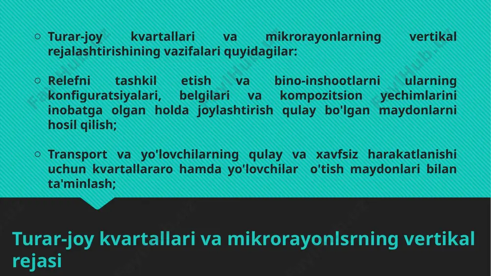 y shahar ko’chalar - to’xtovsiz harakat 0,05 0,004 0,025 0,015 45 - regulyar harakat 0,05 0,004 0,025 0,015 45 - tuman miqyosidagi 0,06 0,004 0,025 0,015 35 - yuk harakatlanuvchi yo’llar 0,04 0,004 0,025 0,015 3. joy miqyosida ko’cha va yo’llar: turar joy ko’chalar 0,08 0,004 0,025 0,015 25 - ishlab chiqarish tumanlaridagi yo’llar 0,06 0,004 0,025 0,015 15 - yo’lovchilarga mo’ljallangan ko’cha va yo’llar 0,04 0,005 0,025 0,015 - qishloq ko’chalari 0,07 0,005 0,025 0,015 15 - qishloq yo’llari 0,07 0,005 0,025 0,015 15 - o’tish joylari 0,08 0,005 0,025 0,015 ko'cha va yo'llarning o'tish joyi o'qi bo'ylab tavsiya etiladigan ko'ndalang va bo'ylama qiyaliklar park, bog', ko'kalamzor hududlar kabi daryo bo'ylaridagi, jarliklardagi yashil maydonlar shaharning loyihaviy elementlari hisoblanadi. murakkab relьeflarda ular nisbatan tekis xududlarga joylashtiriladi. ko'kalamzor maydonlar nafaqat aholining dam olishi bilan bog'liq madaniy tadbir, balki qirg'oq yemirilishi, jarliklarning kattalashishi kabi mujarayonlar bilan kurashish omili hamdir. ko’kalamzor maydonlarning vertikal …