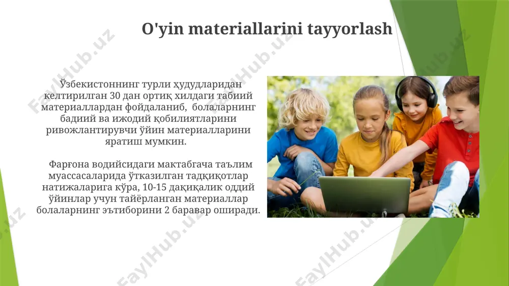 iki, o'yin davomida bolalar his-tuyg'ularini ifoda etish va boshqalarning his-tuyg'ularini tushunish qobiliyatini 25% ga oshiradi, bu esa samarqand viloyatidagi tajribalarda tasdiqlangan. turli xil o'yin turlari andijondagi maktablarda 7 yoshdan 10 yoshgacha bo'lgan bolalar uchun 15 ta turli xil sport o'yinlari, jumladan, jamoaviy va individual o'yinlar, jismoniy faollikni oshirishga qaratilgan. toshkentdagi maktabgacha ta'lim muassasalarida 10 ga yaqin turdagi musiqiy o'yinlar qo'llaniladi, ular bolalarning ritm tuyg'usini va 5 ta asosiy musiqa tuzilmasini rivojlantirishga qaratilgan. ota-onalar bilan hamkorlik ota-onalar bilan samarali hamkorlikni ta’minlash uchun 5 yoshgacha bo‘lgan bolalar uchun 3 ta o‘yinchoq va 2 ta o‘quv qo‘llanmasini o‘z ichiga olgan to‘plamlarni toshkent shahridagi 10 ta bolalar bog‘chasiga taqdim etish rejalashtirilgan. surxondaryo viloyatining 2 ta qishloq maktabida o‘tkazilgan tadqiqot shuni ko‘rsatdiki, ota-onalar bilan muntazam uchrashuvlar bolalar rivojlanishida 15% ga ijobiy ta’sir ko‘rsatadi. o'yinlarni rejalashtirish va tashkil etish o'yinlarni rejalashtirishda 5-7 yoshdagi bolalar uchun 3 ta asosiy o'quv maqsadini aniqlash va ularga mos keladigan o'yinlarni …