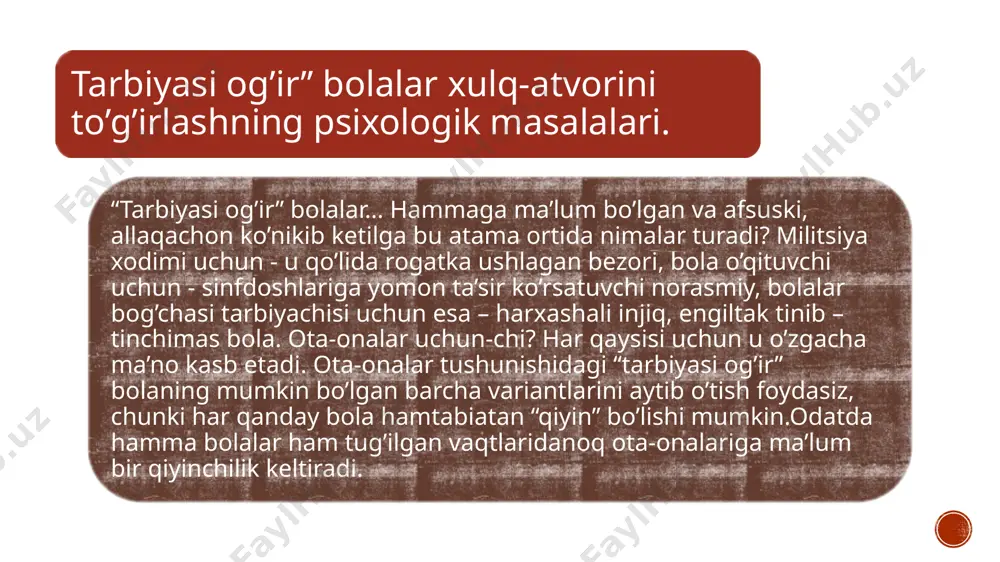 r tarbiyali bo’lim – bu xulq – atvorini nazorat qilishdan iboratdir: bunday nazorat inson yomon xatti-harakatlarini bajarmaslik imkoniyatini beradi. agar shaxs xulq-atvorini axloqiyligi haqida qayg’ursa, u ijtimoiylashuvga erishgan bo’ladi. tarbiyalanganlik ijtimoiylashuvini o’rganish jarayoni sifatida qaraladigan yosh psixologiyasida olingan natijalarga asoslanadi: bola o’zini egosentrik emas, balki tarbiyali tutishi uchun tarbiyalanganlik qanday rag’batlantirilishi kerak? tarbiya o’z muhitiga ko’ra ijtimoiy jihatdan ijobiy ehtiyojlarni hosil qilishdir. agar ta’lim shaxsning ongini shakllantirish bo’lsa, tarbiya uning ongsizlik sferasiga ta’sir etishdir. bolalarga ularni tarbiyalaydiganlarga hissiy yaqinlik xos. odatda 6 oylik bolalar unga g’amxo’rlik qiladigan ota-onasiga bog’lanib qoladilar. bolalarni tarbuyalash samaradorligini oshirishda an’na va urf-odatlarning roli katta. tarbiya jarayonida g’amxorlikning funksiyasi kattadir. bolalar befarq ota-onalarga nisbatan g’amxor ota-onalarga ko’proq taqlid qiladilar. g’amxo’r ota-onalar bolalarning salbiy xulq-atvorini qo’llab-quvatlamaganda bola o’z xatti- harakatlarining oqibatini ertaroq anglaydi. konfutsiy “eskini o’zlashtirgan, yangini tushunishga qodir insongina tarbiyachi bo’la oladi.” degan edi. hamma kishilar ham bir xilda bo’lmaydi, shuningdek, oilalar ham turlichadir. shubhasiz bolalar …