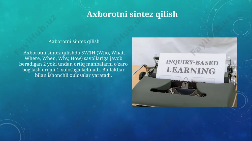 n ortiq faktlar mos kelsa, axborot ishonchli deb hisoblanadi. 2. craap testida (currency, relevance, authority, accuracy, purpose) 4 ta asosiy element mavjud. manbaning dolzarbligi, vakolati, aniqligi va maqsadini tahlil qilib, uning sifatini baholash mumkin. manbalarni aniqlash va baholash ma'lumot manbalarning xolisligini aniqlash uchun, 3 xil mustaqil manbalarni solishtirish lozim. tijoriy yoki siyosiy manfaatdorlik, 10% dan ortiq darajada xolislikka putur yetkazishi mumkin. mantiqiy xatolarni aniqlash mantiqiy xatolarni aniqlash 2. argument ad hominem – dalil o'rniga shaxsga hujum. 2 turli ad hominem mavjud: obro'sizlantirish va sababni shubhaga qo'yish. 4 qadamli tahlil bu xatoni aniqlashga yordam beradi. xulosalar chiqarish xulosa chiqarish jarayonida 95% ishonch intervalini hisobga olish muhim, bu esa natijalarning 5% xatolik ehtimoli bilan bog'liq ekanligini anglatadi. "xulosaviy xato" degan tushuncha mavjud, bu yerda 70% tasdiqlovchi dalillar mavjud bo'lsa ham, 30% qarshi dalillar xulosani noto'g'ri bo'lishiga olib kelishi mumkin. dalillarni baholash dalillarni baholashda statistik ma'lumotlarga e'tibor bering: namuna hajmi yetarli bo'lishi, xatolik …