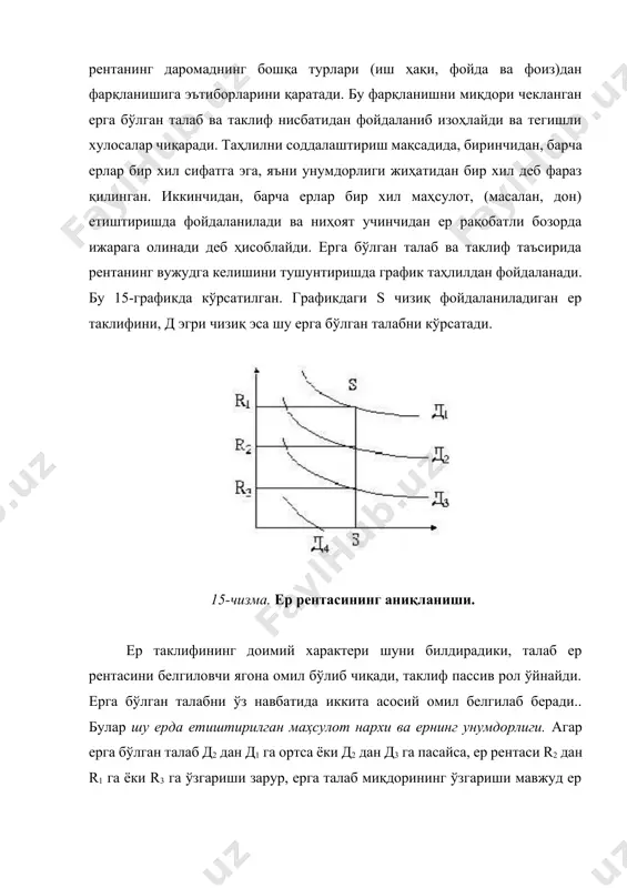 н, бозордан узоқ жойлашган ерларга қараганда кўпроқ ижара ҳақи тўлайди. шундай қилиб ерга бўлган талаб ва рента миқдорига таъсир қилувчи омиллар қуйдагилар: · ерларнинг унумдорлиги. бир турдаги экинлар экилганда унумдорлиги юқори бўлган ерларга талаб катта бўлади ва бу рентанинг ҳам юқори бўлишига олиб келади. · фойдаланишда бўлган ерларда етиштириладиган қишлоқ хўжалик махсулотларининг бозор нархи қайси маҳсулотнинг бозор нархи юқори бўлса, шу экин экиладиган ерларда рента ҳам юқори бўлади. · биргаликда фойдаланиладиган бошқа ресурсларнинг нархлари ва унумдорлиги. масалан, қишлоқ, хўжалик машина ва ускуналарининг нархи ҳамда унумдорлиги рента миқдорига таъсир кўрсатади. · ер майдонларининг шаҳар марказлари, бозорлар, йўллар ва сув манбаларига жойлашишининг узоқ-яқинлиги. · ерлардан саноат усулида, қурилиш ва бошқа мақсадларда фойдаланиш имкониятининг мавжудлиги. · ерларда экин турларини жойлаштириш имкониятлари даражаси. сифати (унумдорлиги) бир хил бўлмаган ерларда вужудга келадиган рента миқдоридаги фарқларни юқоридаги графикда, фақат бир мунча бошқа нуқтаи назаридан осон кузатиш мумкин. бунда ҳар хил унумдорликка эга бўлган ер участкасида олдингидек …