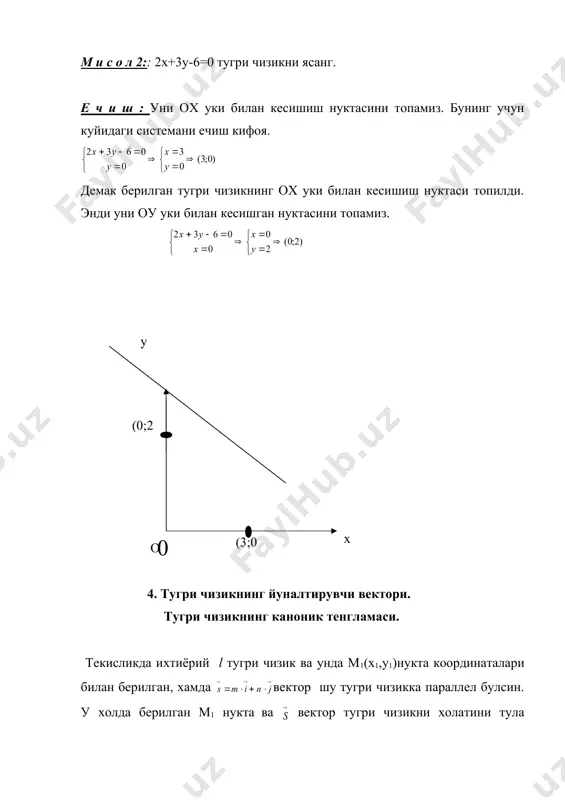 асига x1=0, y1=b куйсак, у холда y-b=k(x-0) (y = kx+b тугри чизик тенгламасини оламиз. бу тугри чизикнинг бурчак коэффициентли тенгламаси дейилади. хусусан агар b=0 булса, у=kx координаталар бошидан утувчи тугри чизиклар дастасининг тенгламасидир. агарда к=0 булса, у холда ох укига параллел у = b тугри чизикни оламиз. 7. берилган икки нуктадан утувчи тугри чизик тенгламаси. текисликда м1(х1, у1) ва м2(х2, у2) нукталар берилган булсин. шу нукталардан утувчи тугри чизик тенгламасини топиш учун м1(х1, у1) нуктани бошлангич, векторни эса йуналтирувчи деб олиш мумкин. шу сабабли изланган тугри чизикнинг каноник тенгламаси куринишда булади. икки тугри чизик орасидаги бурчак тугри чизикнинг паралеллик, перпендикулярлик шартлари. учбурчак юзи формуласи. нуктадан тугри чизиккача булган масофа. текисликнинг бирор м нуктасида кесишувчи иккита тугри чизик орасидаги бурчакни топиш билан шугулланамиз. айтайлик бу тугри чизиклар узларининг бурчак коэффицентли тенгламалари билан берилган булсинлар, яъни у1=к1х+в1 ва у2=к2х+в2 у ( α2 α1 0 х бу тугри чизиклар орасидаги бурчакни ( билан …