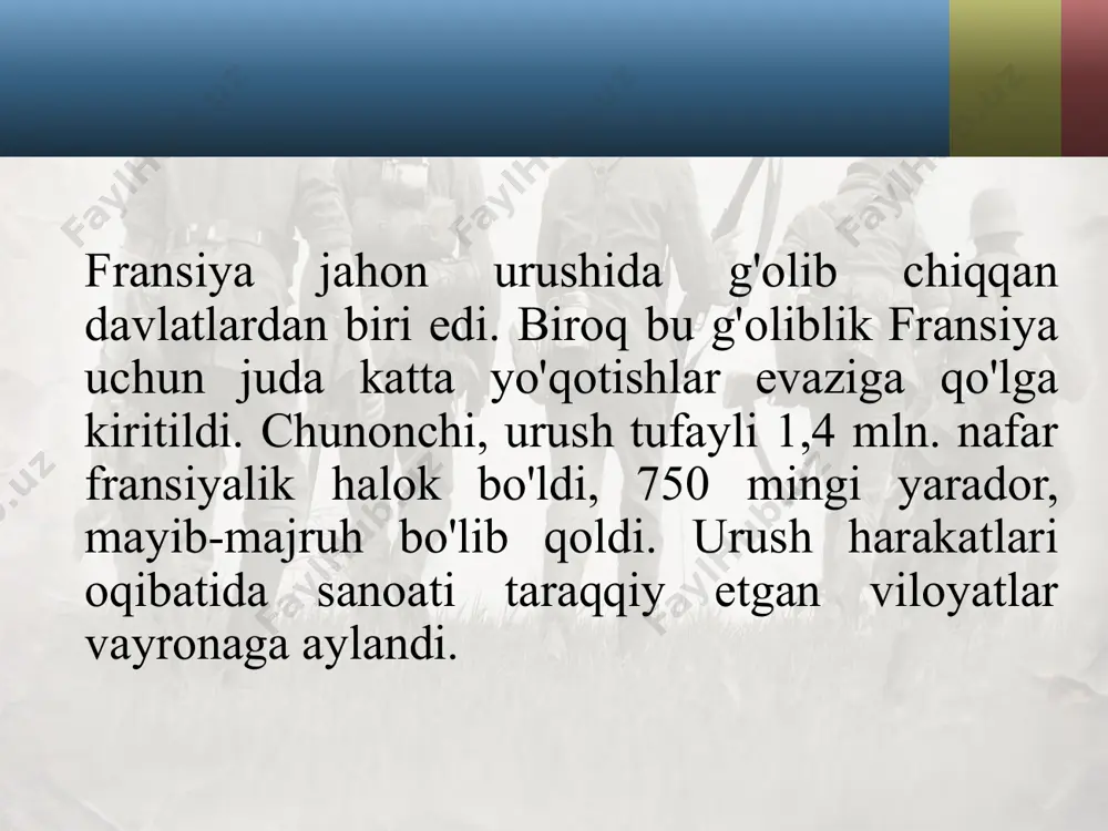 nga yana r. puankare (1860 - 1934) boshchilik qildi. parlament r. puankarega moliyaviy islohot uchun cheklanmagan vakolatlar berdi. jahon iqtisodiy inqirozi fransiyaga ham ta'sir ko'rsatmay qolmadi. 1930-yilning oxirida fransiya iqtisodiyotida inqiroz boshlandi va u uzoq —1936-yilgacha davom etdi. ayni paytda u juda og'ir kechdi. chunonchi, 1931—1935-yillarda sanoat mahsuloti ishlab chiqarish va milliy daromad hajmi 30 foizdan ortiqqa kamaydi. 1934-yilda to'qimachilikda yalpi mahsulot ishlab chiqarish 65 foizga kamaydi. 135 ta ip-gazlama fabrikasi yopildi. ish haqi 40 foizgacha kamaytirildi. soliqlar miqdori oshirildi. fransiya fashistlari hokimiyatni egallashga ochiqdan-ochiq harakat qila boshladilar. shu maqsadda ular 1934-yil 6-fevralda qurolli isyon uyushtirdilar. bu isyonga «stavisskiy ishi» bahona bo'lgan. 1934-yil yanvar oyida stavisskiy fosh etildi. tekshiruvlarda qator siyosiy arboblarning ham qalbakichilikda qo'li borligi aniqlandi. fashistlar bu ishda mamlakat parlamentini aybdor deb e'lon qildilar va 6-fevral kuni qurolli isyon ko'tardilar. 1936-yil iyul oyida ispaniyada boshlangan franko isyoni fransiya uchun fashist davlatlari qurshovida qolish xavfini vujudga keltirdi. shunday sharoitda …