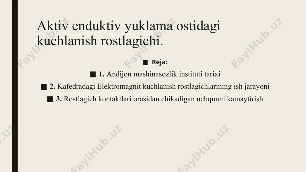 cha ilmiy kadrlar ham tayyorlanadi. ilmiy ishlar nashr etadi. 2023-yilgacha30 mingdan ortiq mutaxassislar tayyorlandi. rostlagich kontaktlari tutash bulganda, generator kuchlanishi ug ning ortish va kontaktlar uzilganda kamayish tezliklari generatorning aylanish chastotasiga boglikdir. uygotish chulgamining zanjiri ulangan xolda, generator kuchlanishi ma’lum chegaraviy kiymatgacha usib boradi, aylanishlar chastotasi kancha katta bulsa, bu chegaraviy kuchlanish kiymati xam yukori buladi (16-rasm). aylanish chastotasi ortishi bilan generator kuchlanishining usishi xam tezlashadi va kuchlanish usishini ifodalovchi egri chizik shunchalik tik buladi. rostlagich kontaktlari uzilganda, generator kuchlanishi asimptotik ravishda ma’-lum chegaraviy kiymatgacha kamayadi.aylanish chastotasi kancha katta bulsa, kuchlanish-ning kamayish chegarasi xam shuncha yuqori buladi. generator rotorining katta, urtacha va kichik aylanishlar chastotasiga taallukli bulgan va kuchlanish uzgarishini ifodalovchi egri chiziklar 17a-rasmda kursatilgan. ular 16-rasmdagi kuchlanishning usishi va kamayishini ifodaluvchi egri chiziklardan, tegishli kesmalarni ajratib olish yuli bilan tuzilgan. 17b -rasmda generator uygotish zanjirining rostlagich kontaktlari tutashgan xoldagi karshilik ruch (uygotish chulgamining karshiligi) dan kontaktlar uzilgandagi karshilik ruch+ …