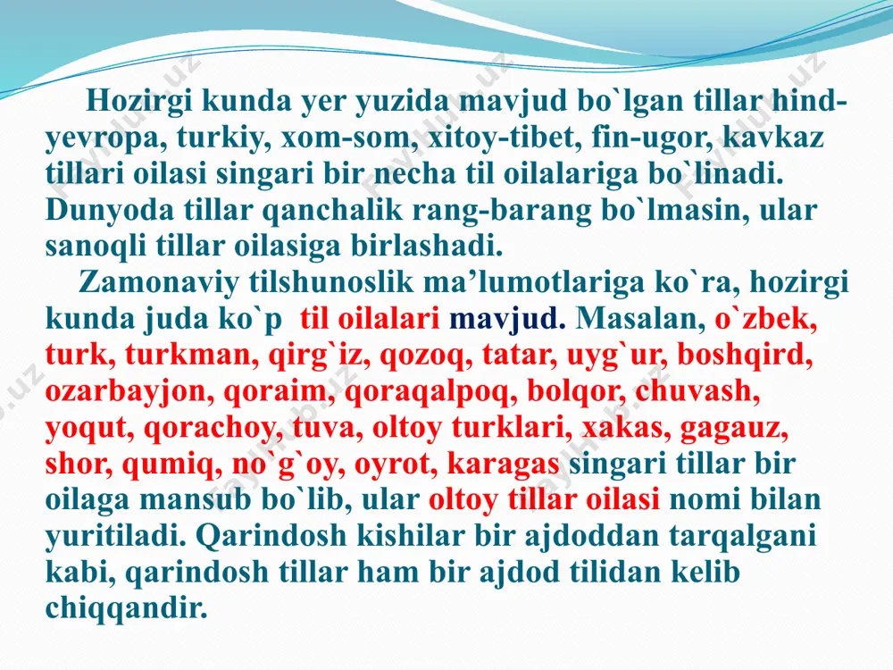 g`arilgan bilimlar nainki qayd etiladi va saqlanadi, balki avloddan avlodga ham yetkaziladi. til millat ruhining ko`zgusidar. tilda millatning bor-yo`g`i, o`y-fikri, dunyoqarashi, orzu-umidlari, vatani, his-tuyg`ulari aks etadi. tildagi har bir so`z, uning har bir shakli inson tafakkuri va tuyg`usining natijasi bo`lib, uning yordamida bu tafakkur va tuyg`ular orqali vatan va xalq tarixi ifodalanadi. milliy til, adabiy til va shevalar milliy til va adabiy til tushunchalari bir xil emas. qayerda yashashidan qat’iy nazar o‘zbek millatiga mansub odamlar tomonidan ishlatiladigan til milliy (umumxalq) o‘zbek tili deb yuritladi. milliy til o‘z tarkibiga adabiy til, sheva, so‘zlashuv nutqi, jargonlar, vulgarizm (so‘kish va qarg‘ash so‘zlari), varvarizm (tilda o‘rinsiz ishlatiladigan chet so‘zlar) kabi guruh so‘zlarni qamrab oladi. milliy tilning ma’lum qoidalarga bo‘ysundirilgan, muayyan qolipga solingan, olimlar, mutaxassislar tomonidan ishlov berilgan, doim silliqlashtirilib, mukammallashtirilib boriladigan shakli adabiy til deyiladi. rasmiy hujjatlar, badiiy va ilmiy adabiyot, vaqtli matbuot adabiy tilda yaratiladi, ommaviy axborot vositalari adabiy tilda ish ko‘radi. adabiy …