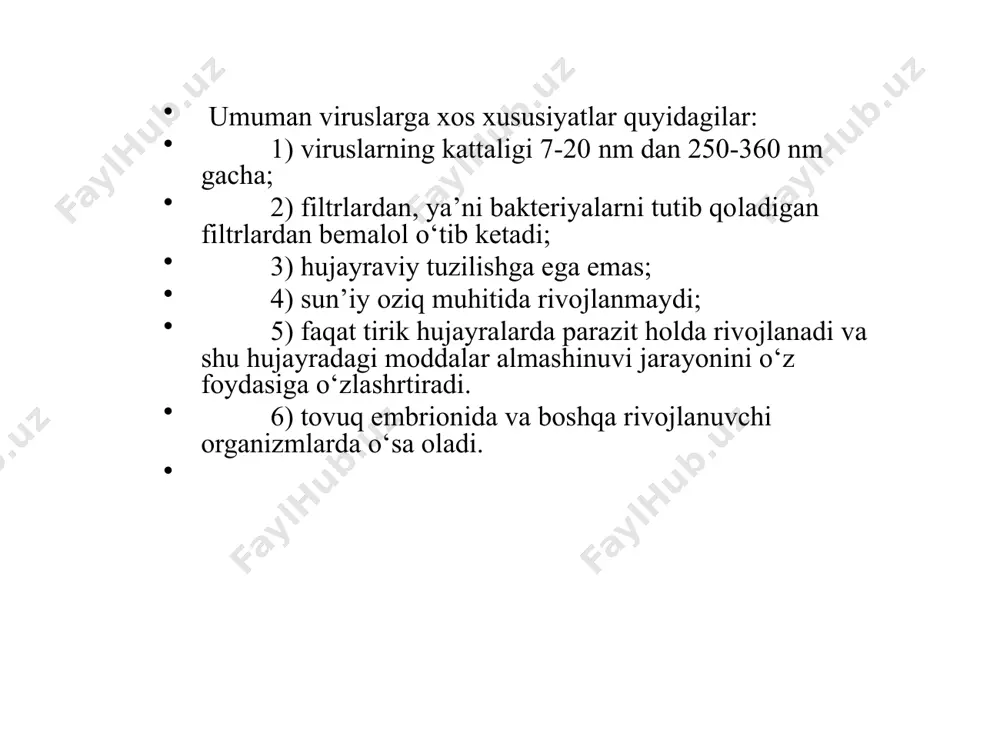 v i r u s l a r 1. chin chechak virusi 2. gerpes virusi 3. suv chechak virusi a d e n o v i r u s l a r 1. adenovirus infeksiyasini vujudga keltiruvchilar. f a g l a r 1. bakteriofaglar (bakteriyalar virusi) 2. sianofaglar (ko‘k yashil suv o‘tlar virusi) 3. aktinofaglar (aktinomitsstlar virusi) 3. viruslar klassifikatsiyasi va virusli kasalliklar m i k s o v i r u s l a r 1. gripp virusi 2. qizamiq virusi 3. quturish virusi r i o v i r u s l a r- yomon shish kasalliklarini qo'zg'atadi p i k o r n o v i r u s l a r 1. oqsil virusi 3.2. tarkibida rnk bo‘lgan viruslar a r b o v i r u s l a r bular toq tuyoqli hayvonlarda afrika o‘lati kasalligini qo‘zg‘atuvchilardir. 3.3. virusli kasalliklar virusli kasalliklar tabiatda …