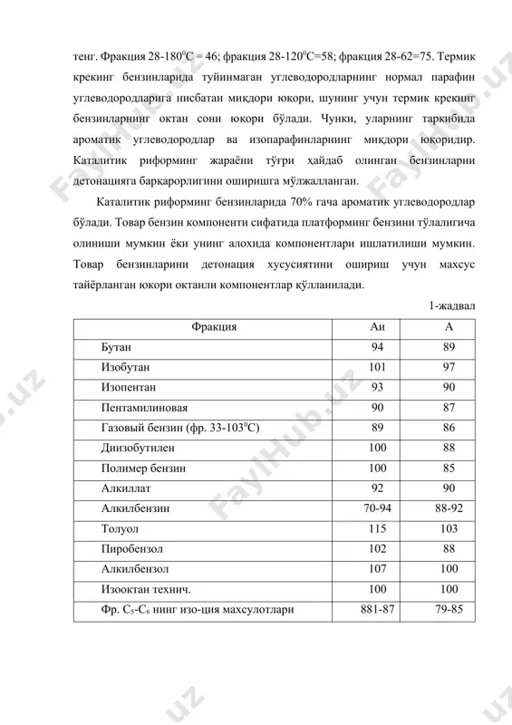 . қишки бензинлар шимолий ва шарқий вилоятларда 1 октябрдан 1 апрелгача қўлланилади. бу бензин билан совуқ двигателни -300с да олдиндан қиздирмасдан ишга туширади ва ёқилғини таъминлаш системасида +300с буғ тиқинини (пробкасини) ҳосил қилмайди. ёзги бензинни ишлатилганда буғ тиқини +45, +500с дан юқорида ҳосил бўлади, совук двигателни ишга тушириш эса –100с гача бўлади. қишки нав бензинларни тайёрлашда нқизаводларида махсус паст ҳароратда қайнайдиган компонентлар (бутан-бутилен фракция, техник изопентан ва ҳ.к.) қўлланилади. бензин моторни ишга тушириш қобилиятини ошириши учун бутан аралашмаси фойдали, лекин буғ тиқини ҳосил қилиш хавфи бор. шунинг учун бутанларнинг бензиндаги миқдори 10 % дан ошмаслиги керак. бензинлар қуйидаги сифатга эга бўлиши керак: 1. маълум фракция таркибига. 2. туйинган буғ босимига. 3. детонация ва кимёвий барқарор. 4. қурилмаларга нисбатан коррозион агрессивлиги паст бўлиши керак. автомобиль бензинларининг кислотали хусусияти 0,1-0,3 мг кон/180 млдан юкори бўлмаслиги керак. бензинларни сақлаш муддатини узайтириш учун уларга антиоксидловчилар (0,05 % - 0,1 %) қўшилади. бензинларда олтингугуртнинг умумий …