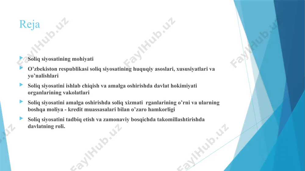 di. soliq siyosati amalda davlat boshqaruvining boshqa unsurlari: pul-kredit siyosati, baho siyosati kabilar bilan birgalikda mamlakatning barcha ijtimoiy-iqtisodiy sohalariga faol ta’sir etadi. davlat soliq siyosati orqali iqtisodiy rivojlanishni rag’batlantiradi yoki cheklaydi. zero prezident ta’kidlaganidek -"soliq siyosatining vazifasi - bir tomondan, byudjet daromadining barqaror safarbarligini ta’minlashdan, ikkinchi tomondan - korxonalarni respublika uchun zarur bo’lgan mahsulotlar ishlab chiqarishni ko’paytirishga rag’batlantirishdan iborat". soliq siyosatining asosiy vazifasi oxir-oqibat iqtisodiy o’sishni ta’minlashga qaratilishi lozim. aynan iqtisodiy o’sishga erishilgandagina ishlab chiqarish rivojlanishiga va uning samaradorligini ta’minlashga, aholining yashash darajasini oshishiga xizmat qiladi. shu boisdan soliq tizimi mamlakat ijtimoiy-iqtisodiy rivojlanish darajasidan kelib chiqqan holda doimo takomillashtirilib borilishi lozim. soliq siyosati davlat tomonidan iqtisodiyotni tartibga solishning bilvosita usuli hisoblanib, yuridik va jismoniy shaxslar faoliyatini tartibga solishning ma’muriy usullaridan farqli ravishda ularning iqtisodiy qiziqishidan kelib chiqqan holda ular faoliyatiga ta’sir ko’rsatiladi. shuning uchun ham bozor iqtisodiyoti sharoitida soliq siyosati iqtisodiyotni tartibga solishning bevosita usullariga qaraganda samarali qo’llaniladi. soliq siyosatining …