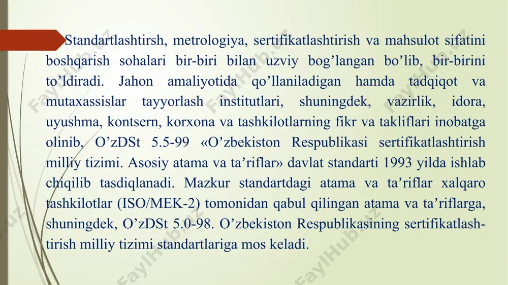 tlarga mos kelishi toʼgʼrisida kafolatlanadi. аmalda oʼz-oʼzini sertifikatsiyalashtirish faoliyati ham ayrim hollarda qoʼllaniladi. muvofiqlikni sertifikatsiyalashtirishning asosiy maqsadi-isteʼmolchi istaklarini, mahsulotni ishlab chiqarishdagi xavfsizlik, inson salomatligi, atrof-muhitning muhofazasi masalalari boʼyicha himoya qilish, mahsulotning raqobatbardoshliligini taʼminlashda uchraydigan turli texnikaviy toʼsiqlari bartaraf qilishdan iborat. oʼzbekiston respublikasi davlat standartlashtirish tizimi mahsulot sifatini yaxshilash va uning raqobatbardoshliligini taʼminlash demakdir. 1. sifat boʼyicha raqobatbardoshliligini taʼminlash uch qismga boʼlinadi: 1.maqsad, yaʼni qaysi bozorda, qanday sharoitda ishlab chiqarishni bilish kerak. 2.funktsional samaradorligi. foydaligi jihatdan shu turdagi mahsulotlar bilan taqqoslanadi. 3.foydalanish paytida tejamkorligi va uning mahsulot bahosi bilan bogʼliqligi. texnik mutaxassislar shtati tarmoqlararo yoki davlatlararo standartlash va sertifikatsiyalash ishlari boʼyicha tuziladi. ularning vazifasi davlat manfaatlari va isteʼmolchi ehtiyojlarini qondirish, yaʼni yangi meʼyoriy hujjatlar (mh) yaratish yoki qayta koʼrib chiqish, ularning xalqaro meʼyoriy hujjatlarga muvofiqligini taʼminlash, standartlash boʼyicha rejalar tuzishdan iborat. 2.sertifikatsiyalashtirishning tartibi quyidagi asosiy tadbirlarni amalga oshirishdan iboratdir: - sertifikatsiyalashtirish oʼtkazish uchun qaror va ariza deklaratsiyasini berish; - sertifikatsiyalashtiriladigan mahsulotdan …