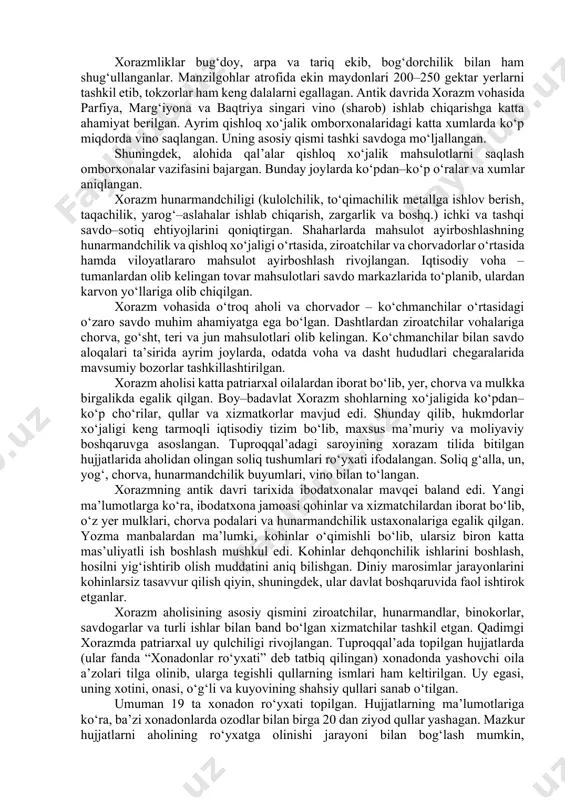 arda shinaklar hamda burjlar mavjud. tuproqqal’aning markaziy ko‘chasi shaharni ikkiga bo‘lib, uning shimoliy qismidan janubga – shahar darvozasiga yo‘nalgan. kichik ko‘chalar guzarlarning turar joylarini bir–biridan ajratgan. tuproqal’a shahrining asosiy inshooti ulkan ichki qal’asi bo‘lib, u xorazm hukmdorlarining qarorgohi edi. saroyda turli maqsadlarda foydalanilgan yuzdan ziyod xonalar va haykallar bilan bezatilgan “shohlar koshonasi” ham ochilgan. saroyning bir qismi ikki qavat edi. qadimshunoslar yozishicha, shaharda taxminan 2,5 ming katta yoshli kishilar yashagan. ularning asosiy qismi xorazm hukmdorlari qarorgohini muhofaza qilish va shohlarga xizmat ko‘rsatish bilan band bo‘lgan. ko‘p jihatlarga ko‘ra, tuproqqal’a qadimgi sharq tarixida ma’lum “man qilingan” shaharga o‘xshab ketadi, chunki “shohlar shahriga” yaqinlashib kirishga ko‘pchilikning imkoniyati bo‘lmagan. beruniy ma’lumot berishicha, shoh afrig kat shahri yonidagi al–fir joyida yangi qarorgoh barpo etadi. milodiy iv asr boshlarida tuproqqal’a saroyi huvillab qoladi. o‘rta asrlar geograflari yozishicha, xorazmning qadim poytaxti darjash deb atalgan, u kat shahridan avval bunyod etilgan. hozirgi kunda darjash shahri o‘ng sohil …