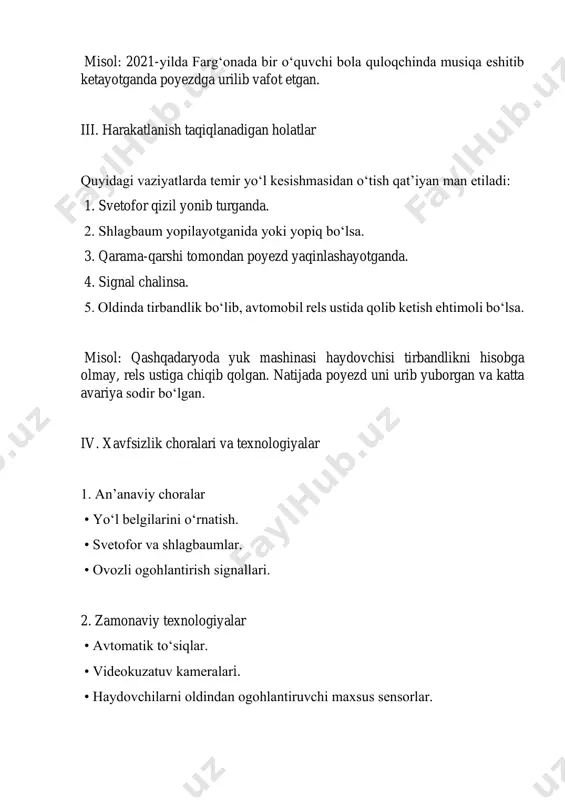 amal qilishi zarur. shuni unutmaslik kerakki: “temir yo‘l kesishmasida bir lahza e’tiborsizlik — butun umrga yetadigan fojiaga sabab bo‘lishi mumkin.” foydalanilgan adabiyotlar 1. o‘zbekiston respublikasi “yo‘l harakati qoidalari”, toshkent, 2022. 2. o‘zbekiston respublikasi temir yo‘llari qo‘mitasi statistik ma’lumotlari, 2023. 3. yo‘l harakati xavfsizligi qo‘mitasi hisobotlari, 2021–2023 yillar. 4. g‘.abdullayev, “yo‘l harakati xavfsizligi asoslari”, toshkent, 2020. 5. xalqaro temir yo‘l xavfsizligi tashkiloti ma’lumotlari (iru reports). 6. internet manbalari: www.yhx.uz, www.railway.uz